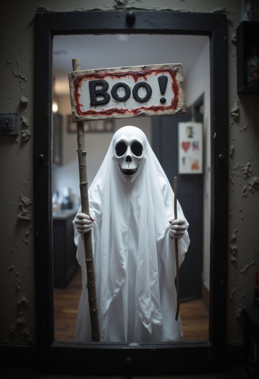 A friendly ghost holding up a sign that says "Boo!" in a funny Halloween meme.,  aidmaHalloweenBoost,  aidmaHyperrealism o...