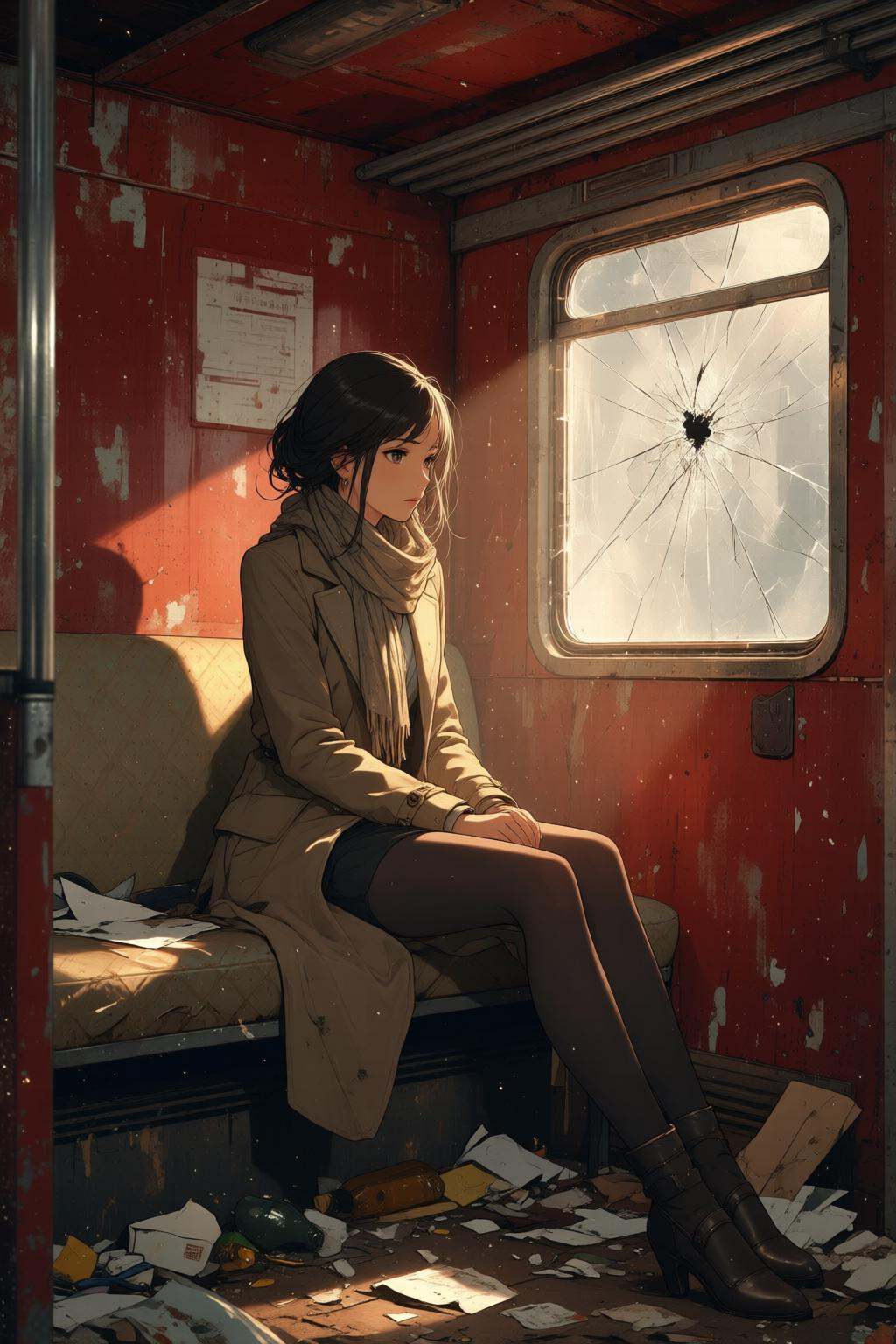 nijimix6q anime style illustration.A girl,  shown in 3/4 view,  is sitting in a dilapidated train car. The train's red int...