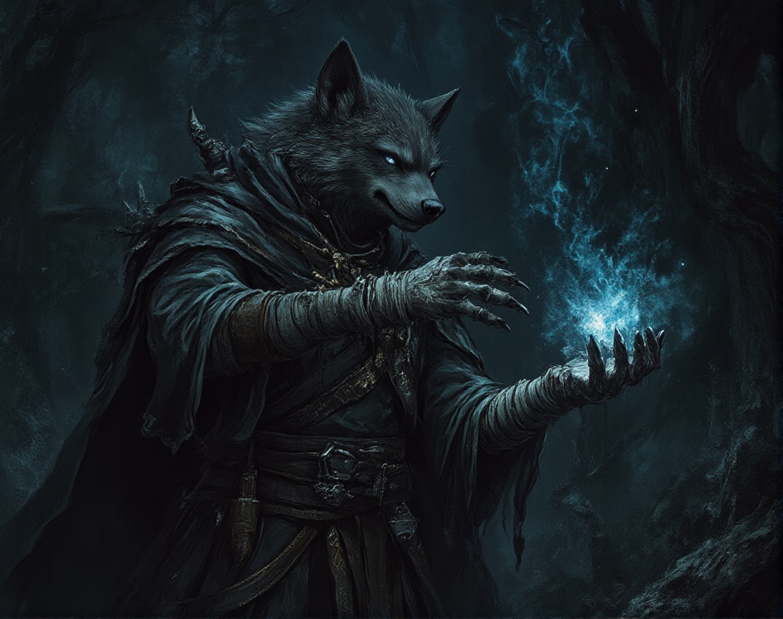 anthr0dnd,  A detailed fantasy illustration depicts an anthropomorphic wolf necromancer. He is in a dark,  mystical forest...