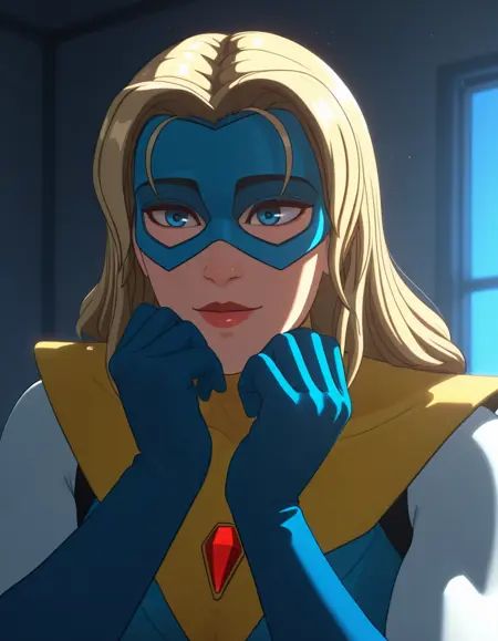 dispatch_blonde_blazer,  blue and yellow superhero costume on Tensor.Art