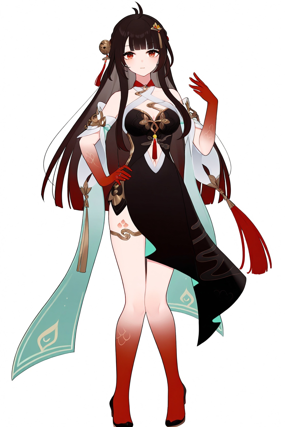 8k, best quality, masterpiece, (ultra-detailed), (high detailed skin), (by nanoless, by misumi \(macaroni\):0.25), full body, full shot, standing, looking at viewer, (solo:1.2), simple background, white background, hand on own hip, <lora:lingsha-a3-Tanger-000014:0.8>, lingsha, default clothes, red hands, red feet, black dress, 1girl, long hair, black hair, breasts, ahoge, A full-body portrait of a young girl, standing gracefully, pastel art style, high-key lighting, shoujo manga influence, hd quality, delicate details, 