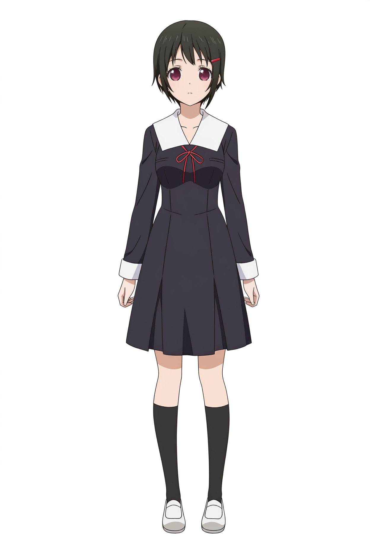 <lora:Nagisa KASHIWAGI_illustrious-000030:1>,Nagisa KASHIWAGI,solo,school uniform,socks,full body,dress,white background,hair ornament,simple background,black socks,ribbon,red ribbon,black dress,looking at viewer,standing,kneehighs,hairclip,anime screencap,white footwear,