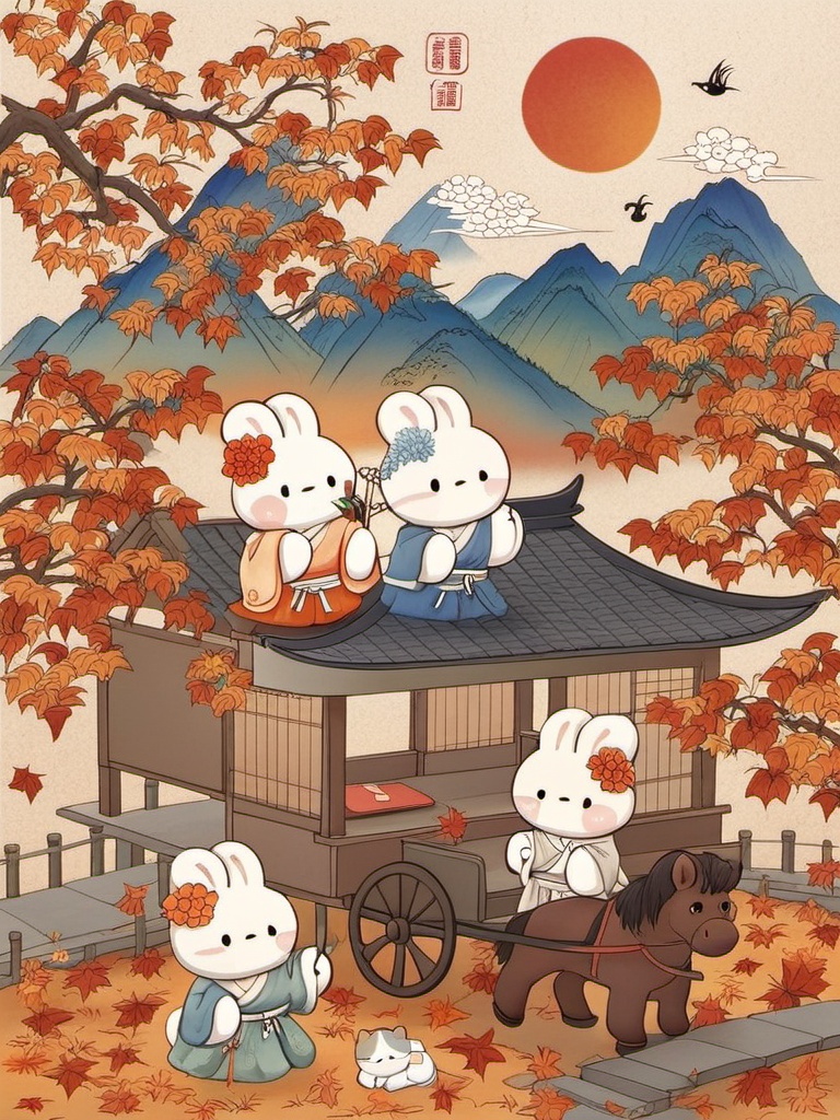 tuzi,A charming digital drawing of adorable white bunnies in traditional Japanese gear, chilling in a picturesque autumn scene. These fluffy critters, decked out in kimonos and hakama, are hanging out on a wooden cart and a bridge, surrounded by bright red and orange leaves. A cute little white cat is lounging on the roof of a traditional house with a blue-tiled roof, surrounded by a backdrop of mountains and a bright orange sun. The whole vibe is warm and cozy, with a sprinkle of whimsy and Japanese cultural flair.,<lora:tuzi_v1:0.8>