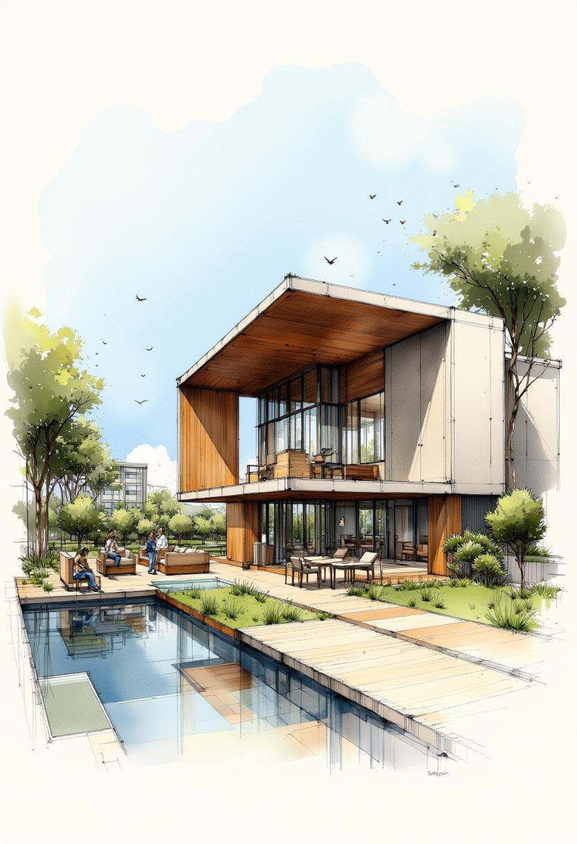 The image is a sketch drawing with crayon pencils and watercolors on paper of a modern building with a unique architectura...