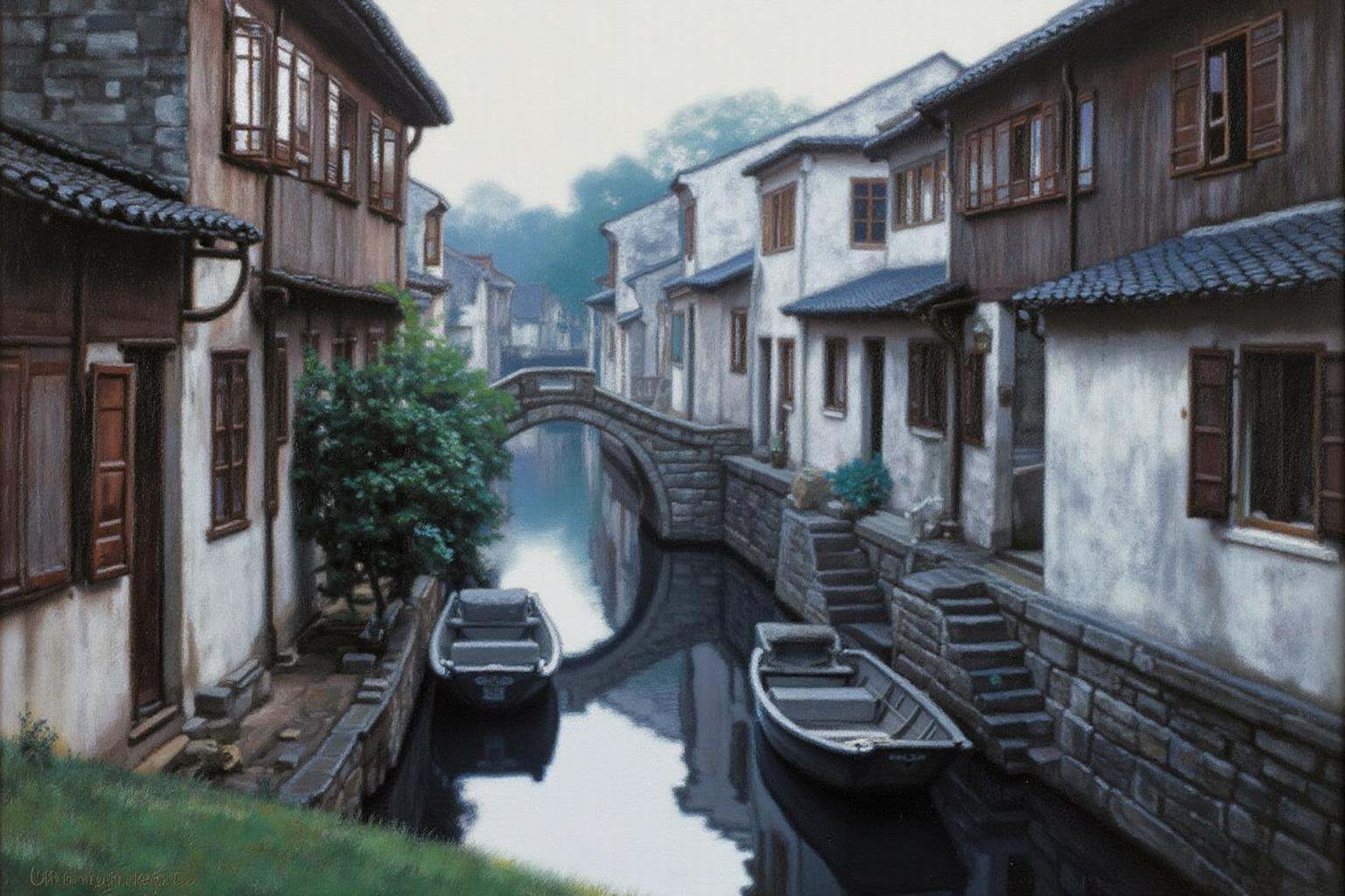 chenyifei2 painting.A serene canal scene in a traditional village in Southern China. A narrow,  winding canal with calm,...