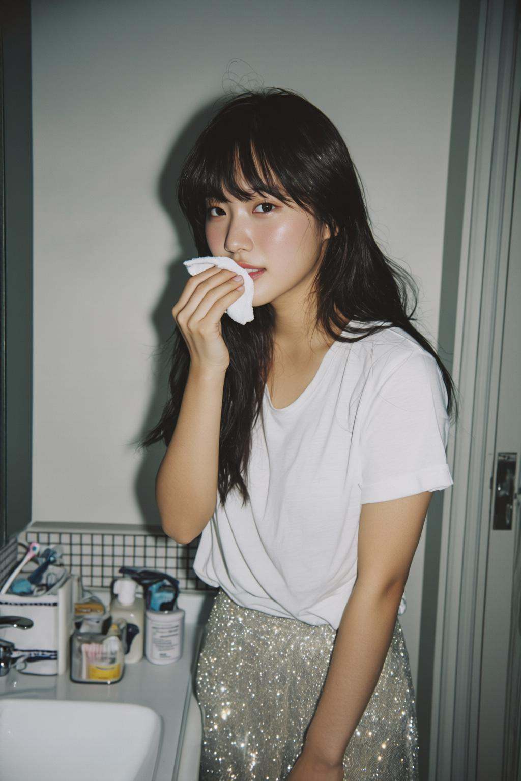 midjourneyanalog9 photograph.A young Korean woman with long hair and bangs stands in a bathroom. She is shown in 3/4 profi...