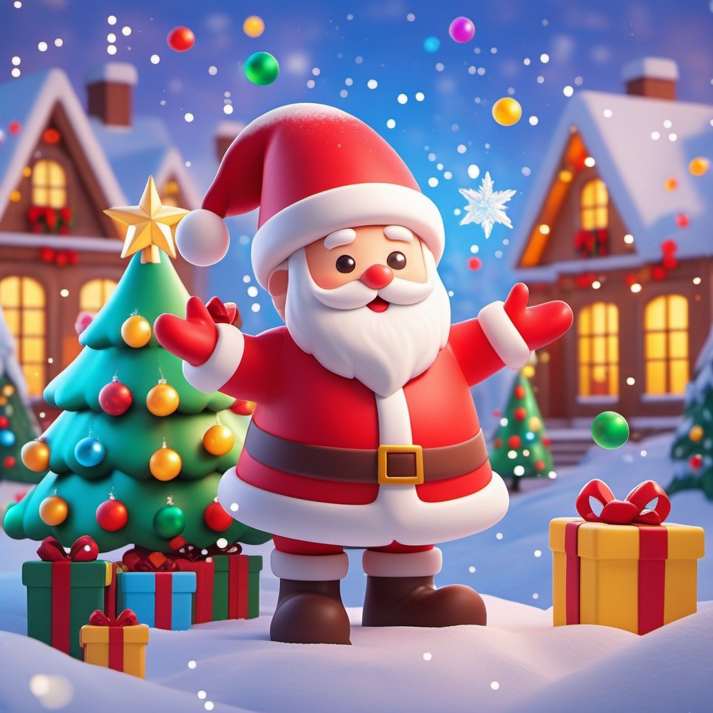 shengdan, Santa Claus, decked out in his classic red suit and hat, is chilling in a snowy village. He's got a festive Christmas tree all decked out with colorful baubles, a star on top, and a snowball fight going on. Snowflakes are falling all around, and there are presents wrapped up with red bows scattered on the ground. Cozy houses with lit-up windows and snow-covered roofs make up the backdrop, with more Christmas trees adding to the holiday vibe.,<lora:shengdan_v1-000016:0.8>