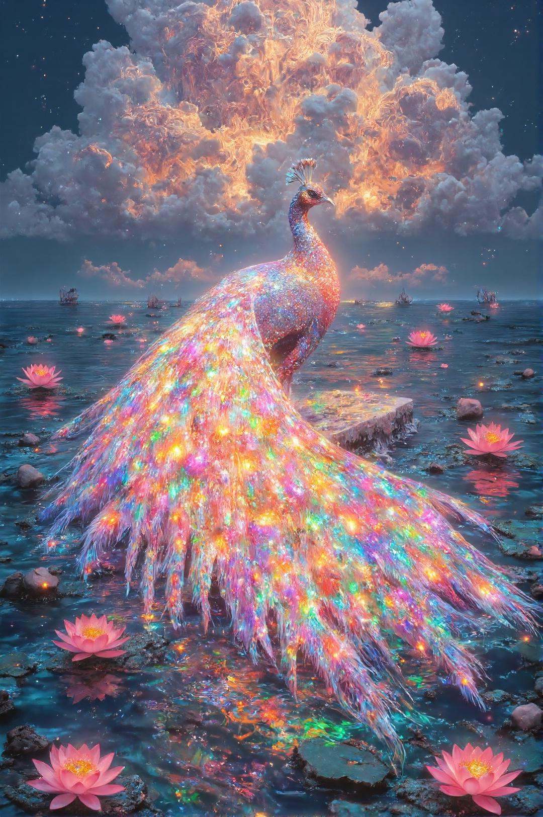 "A shimmering peacock with a tail of infinite,  glowing feathers,  each one displaying its own vibrant galaxy on Tensor.Art