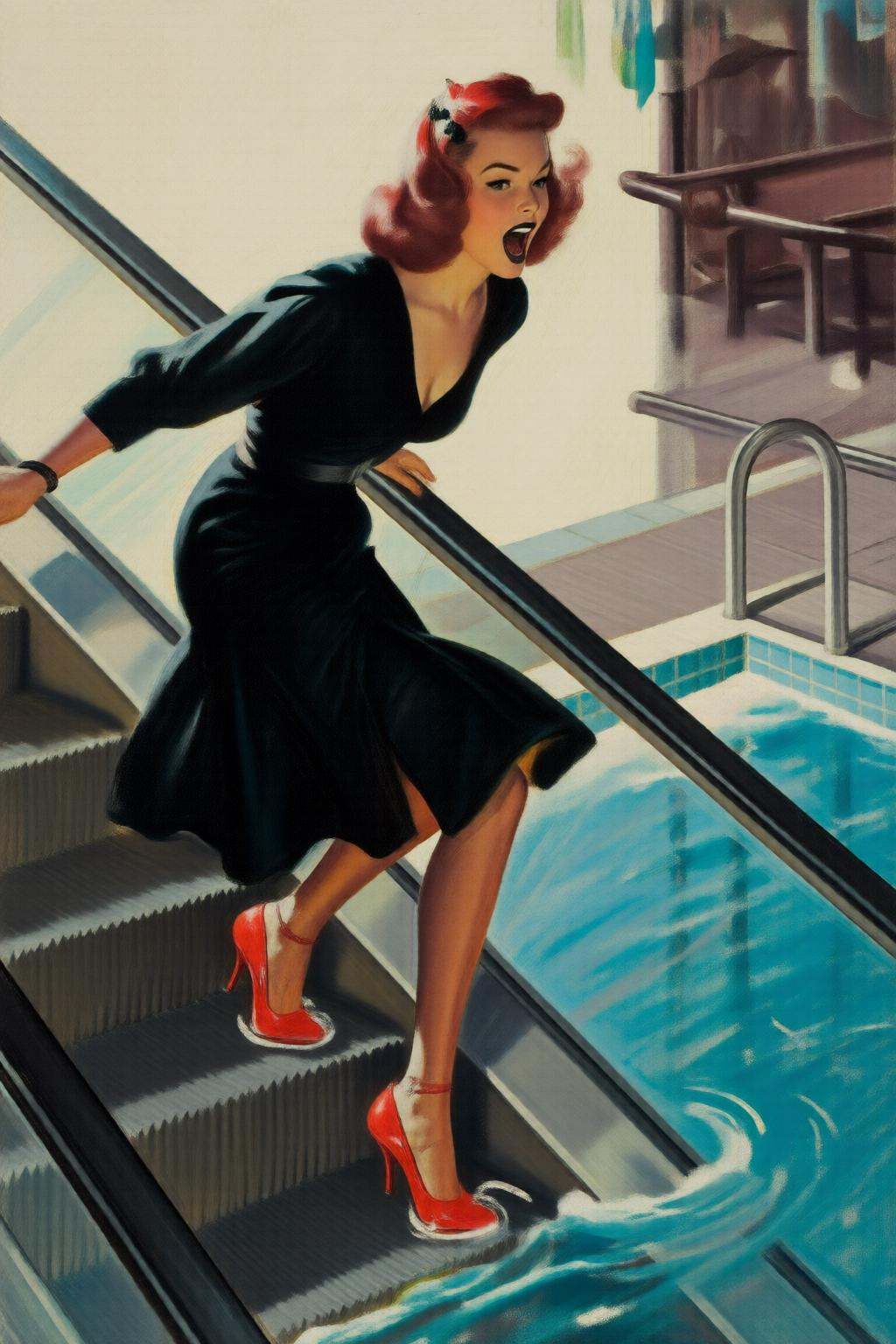walterbaumhofer2q illustration. a woman in a chic little black dress and vibrant red high heels,  gracefully descending an...