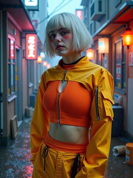 mad-cbrpnkjckt01,  woman wearing orange croptop and yellow shrugs, on Tensor.Art