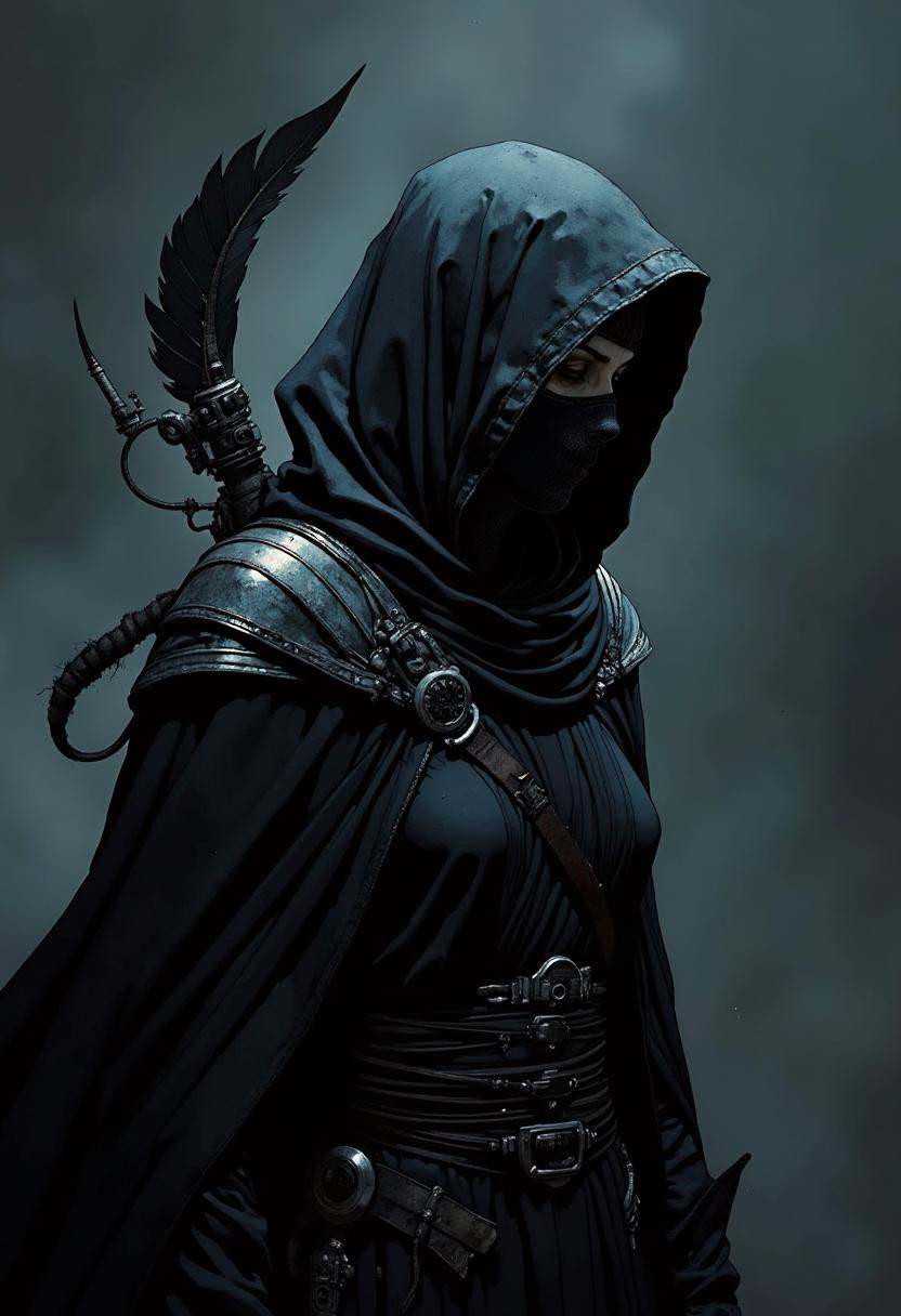 A digital illustration featuring a woman hunter dressed in a dark and ominous outfit in dynamic action. She is wearing a b...
