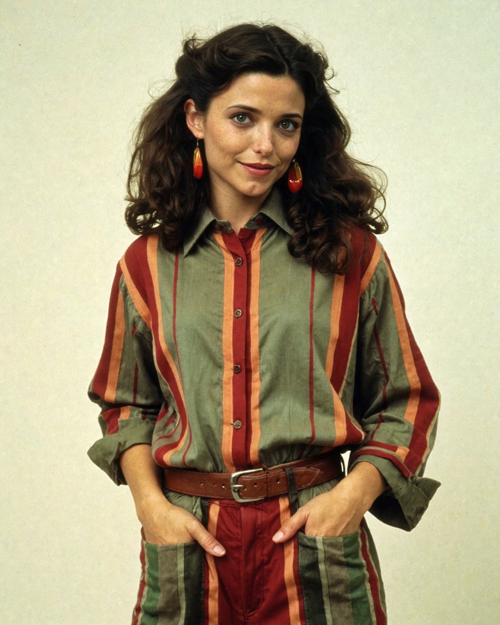 karen_allen standing against a plain,  light-colored background,  likely a studio setting. She has voluminous on Tensor.Art