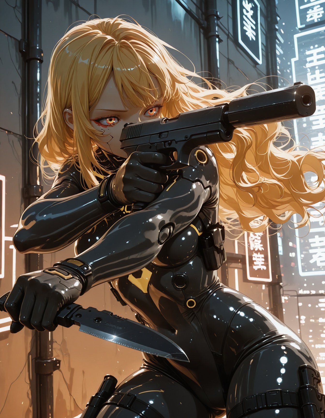 1girl,  neon yellow long wavy hair ,  cyberpunk bodysuit on Tensor.Art