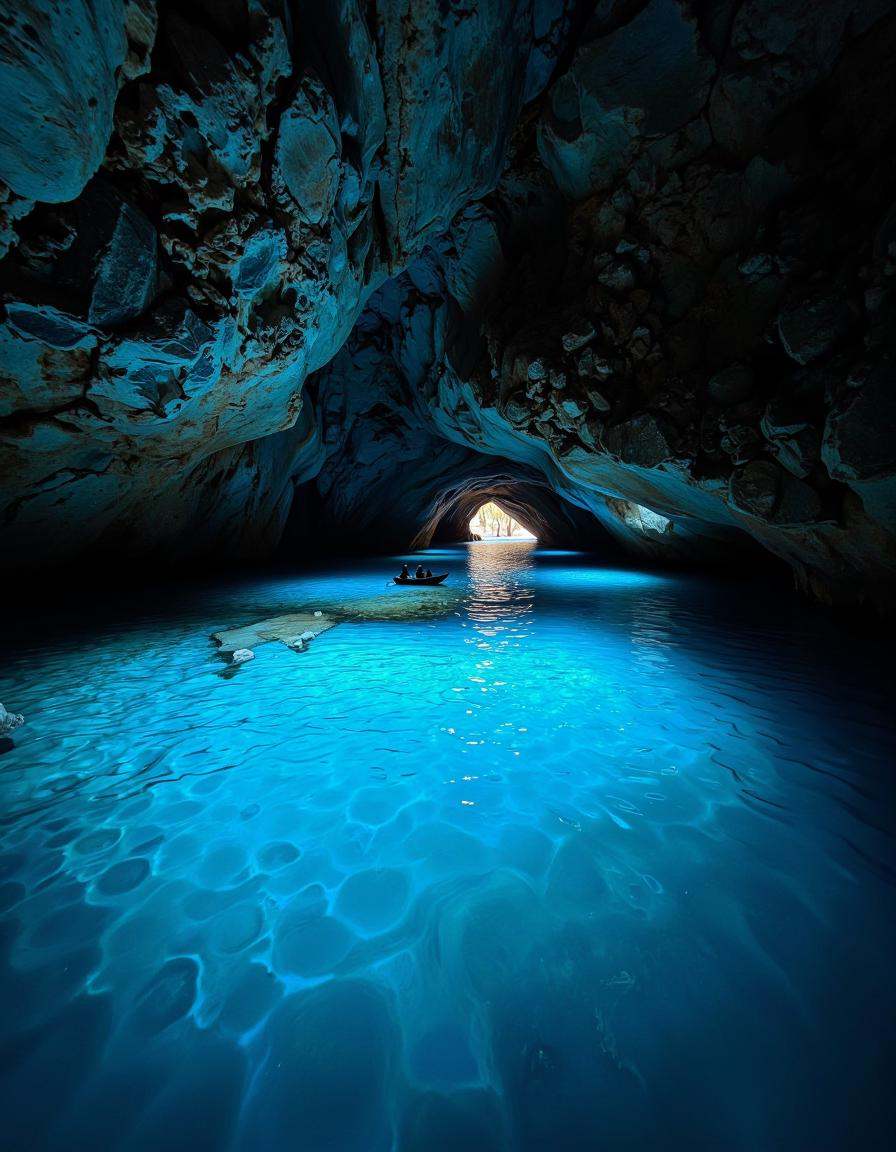 A mesmerizing underground cave illuminated by a natural,  ethereal blue glow. The crystal-clear water reflects the soft li...