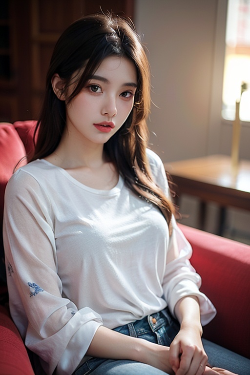 masterpiece:1.2),best quality,high resolution,unity 8k wallpaper,(illustration:1),perfect lighting,extremely detailed CG,finely detail,extremely detailed,soft lighting and shadow,soft yet striking lighting,film grain:1.2,(skin pores:1.2),(detailed skin texture:1),((solo:1.5)),Detailed face,(see-through:1.1),misty,Low Key:1.1,depth of field,A young woman with dark hair and a floral top,sitting on what appears to be an armchair or sofa in her home.,