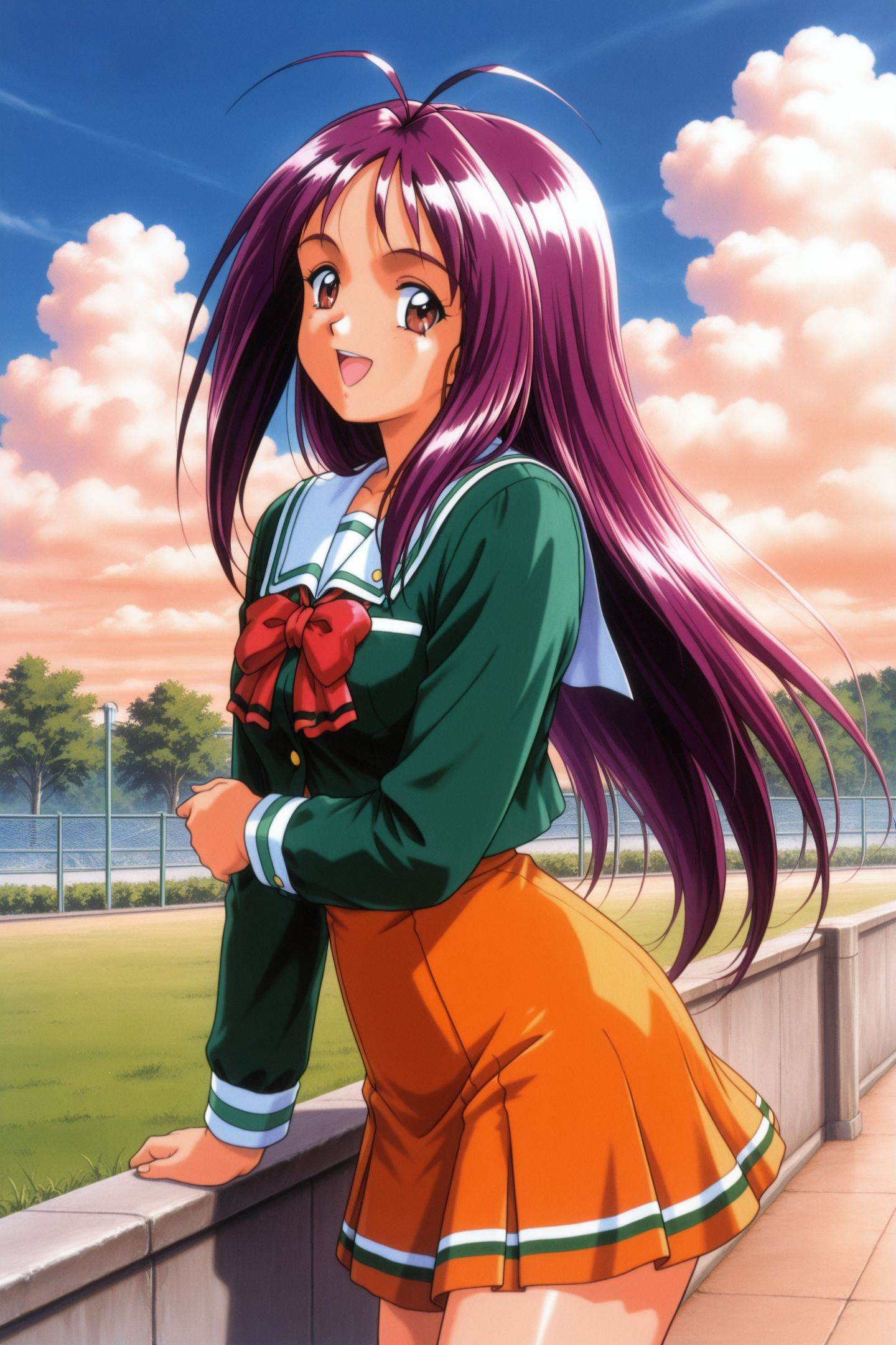 Original Style,Kotobuki Miyuki,1girl,solo,school uniform,long hair,orange skirt,skirt,purple hair,antenna hair,open mouth,day,smile,outdoors,brown eyes,1990s \(style\),long sleeves,sky,bow,cloud,looking at viewer,jewelry,<lora:Tokimeki Memorial 2_illustriousXL_v2:1>,