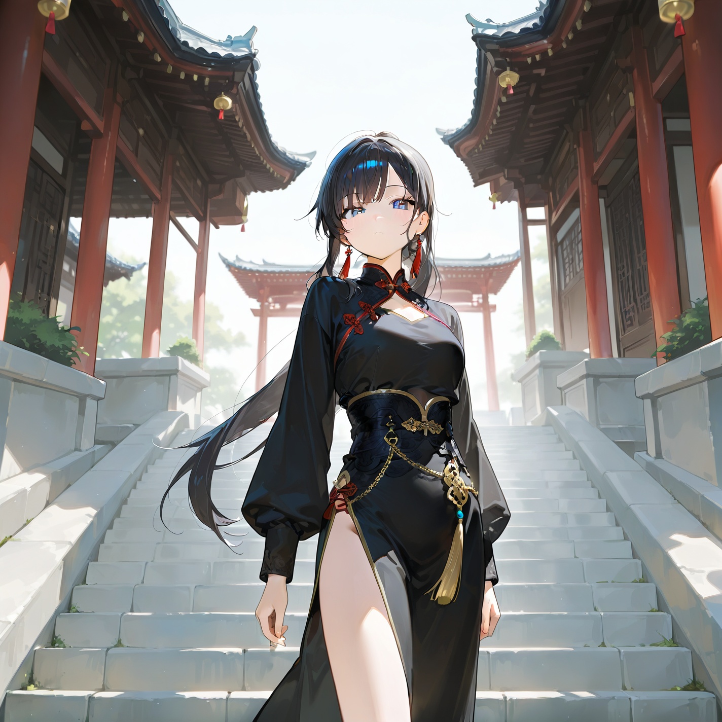 1girl solo long hair looking at viewer bangs black hair long sleeves holding jewelry very long hair closed mouth standing...