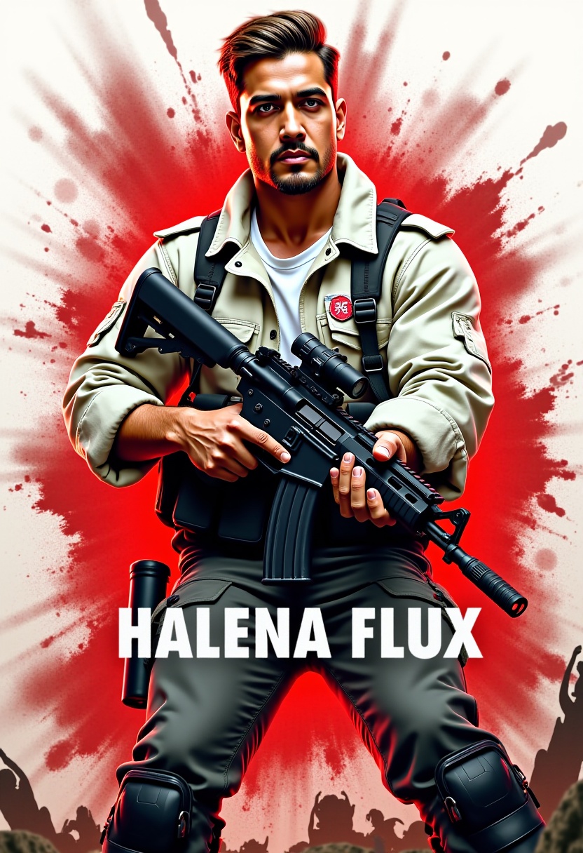 Digital drawing for a fictional video game poster titled 'Halena Flux'. The scene features a rugged soldier in a dynamic,...