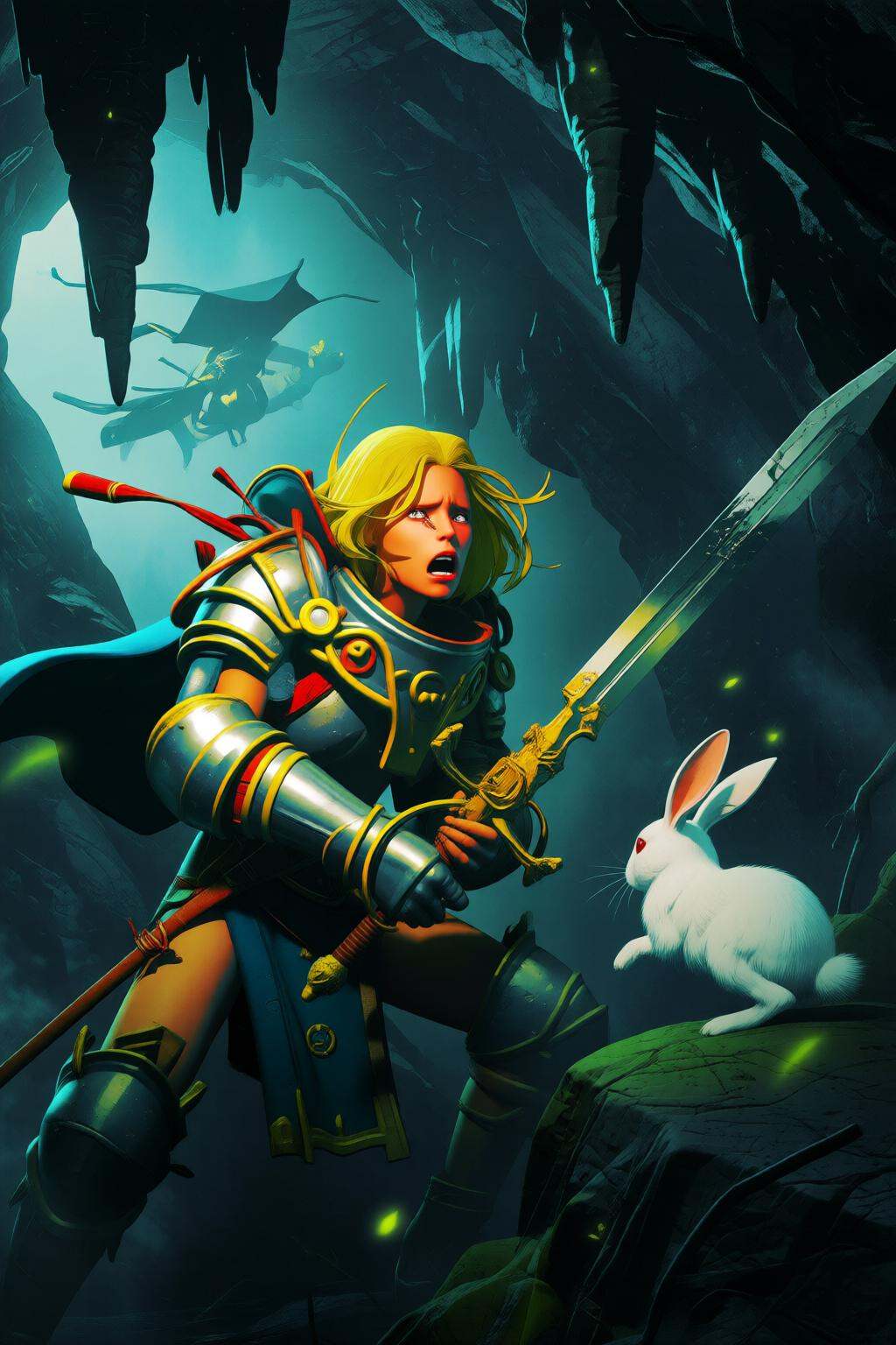 pascalblanche2q illustration. A blonde knight fighting a small white rabbit. The blonde knight,  adorned with shining armo...