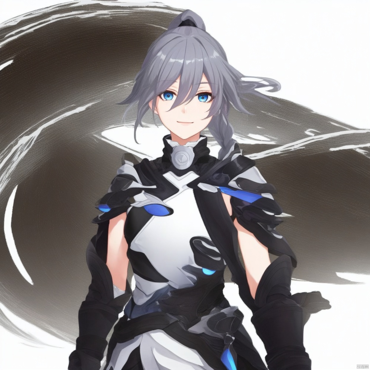 (white background:1.2),looking at viewer,(SOLO:1.4),outline,simple background,upper body, cowboy shot,looking at viewer,
(((arms at side))), fu hua,white skin,messy hair,yin yang,smile,braided ponytail,braid,blue eyes,1girl,hair between eyes,ponytail,multicolored hair,streaked hair,long hair,bangs, blue_eyes, hair_between_eyes