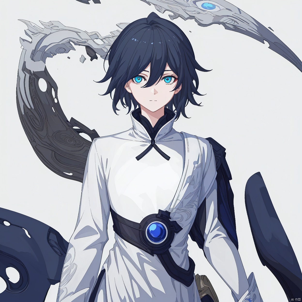 (masterpiece:1.3), (the best quality:1.2), (super fine illustrations:1.2), (Masterpiece), high quality,(white background:1.2), looking at viewer, (SOLO:1.4),outline,,simple background, fu hua,fu hua, blue_eyes, hair_between_eyes