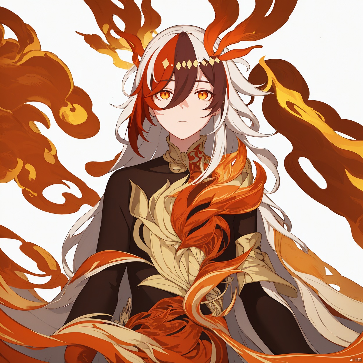 (masterpiece:1.3), (the best quality:1.2), (super fine illustrations:1.2), (Masterpiece), high quality, high detail,(white background:1.2), looking at viewer, (SOLO:1.4),outline,,simple background, white_hair, orange_eyes, streaked_hair, fu hua, orange_hair, fire, fiery_hair, hair_between_eyes, multicolored_hair, fu hua\bengluo, fiery_wings
