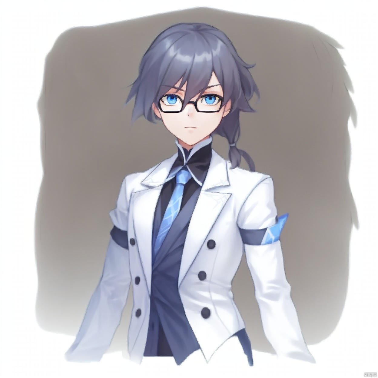 (white background:1.2),looking at viewer,(SOLO:1.4),outline,simple background,upper body, cowboy shot,looking at viewer,,outline,
(((arms at side))), hair_between_eyes, glasses, suit, fu_hua, blue_eyes