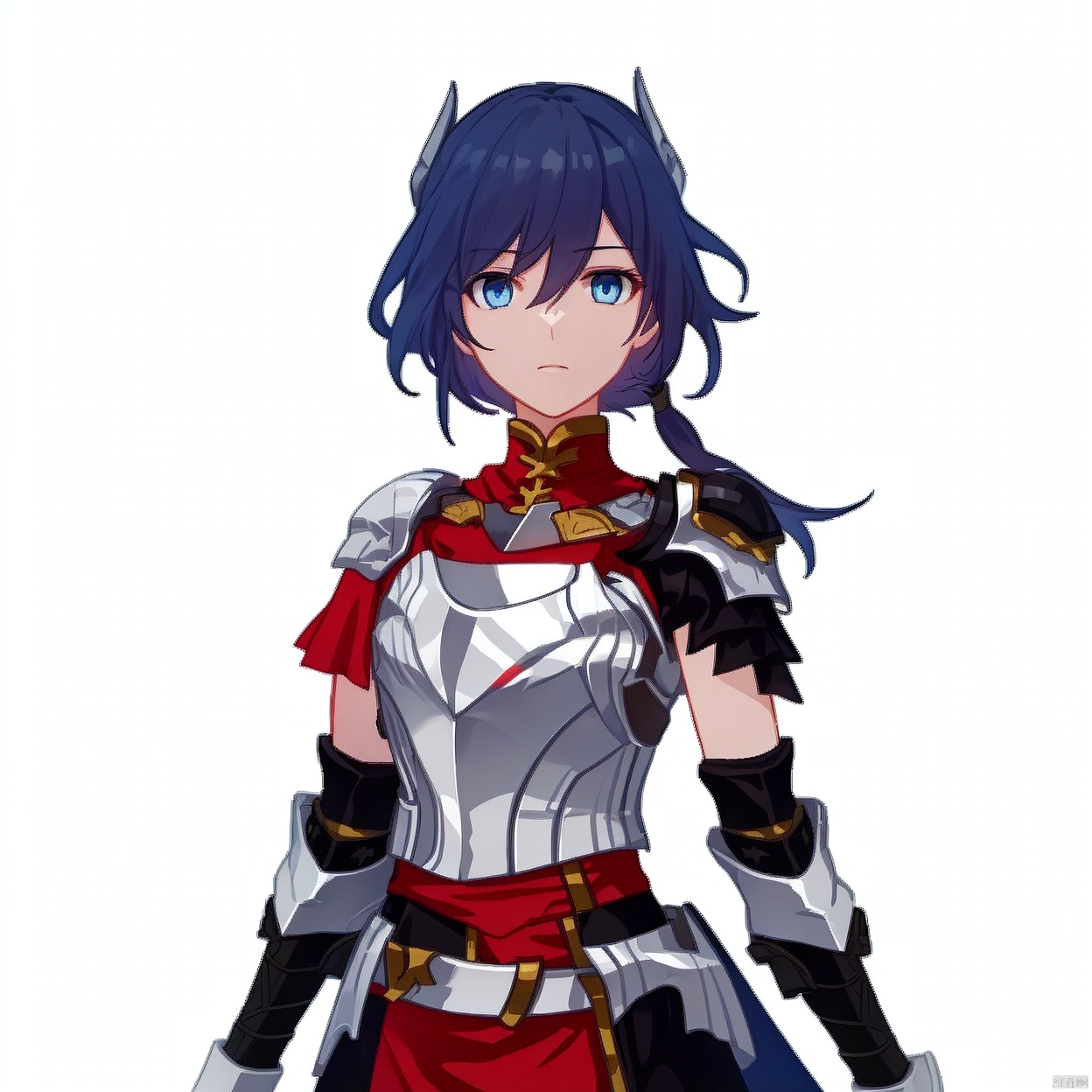 (white background:1.2),looking at viewer,(SOLO:1.4),outline,simple background,upper body, cowboy shot,looking at viewer,,outline,
(((arms at side))), pauldrons,breastplate,red cape,red skirt,blue eyes,hair_between_eyes,fu_hua,shoulder armor, shoulder_armor,blue_eyes
