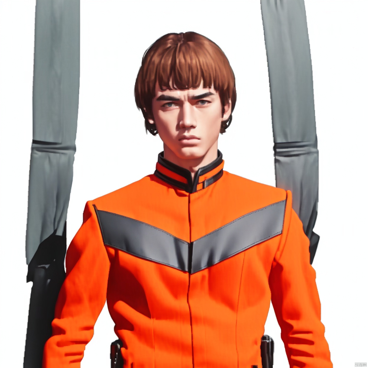 (white background:1.2),looking at viewer,(SOLO:1.4),outline,simple background,upper body, cowboy shot,looking at viewer,,outline,
(((arms at side))), 
collar, choker,belt,boots,emblem,military uniform,logo,pants,armor,uniform,bodysuit,choker,belt pouch, jacket, collar, helmet, gloves, fingerless gloves, belt, logo,, belt,tac style,orange bodysuit, black belt, orange legwear,orange jacket, black footwear, mat_style, orange_bodysuit,military_uniform,mat_style,white_gloves