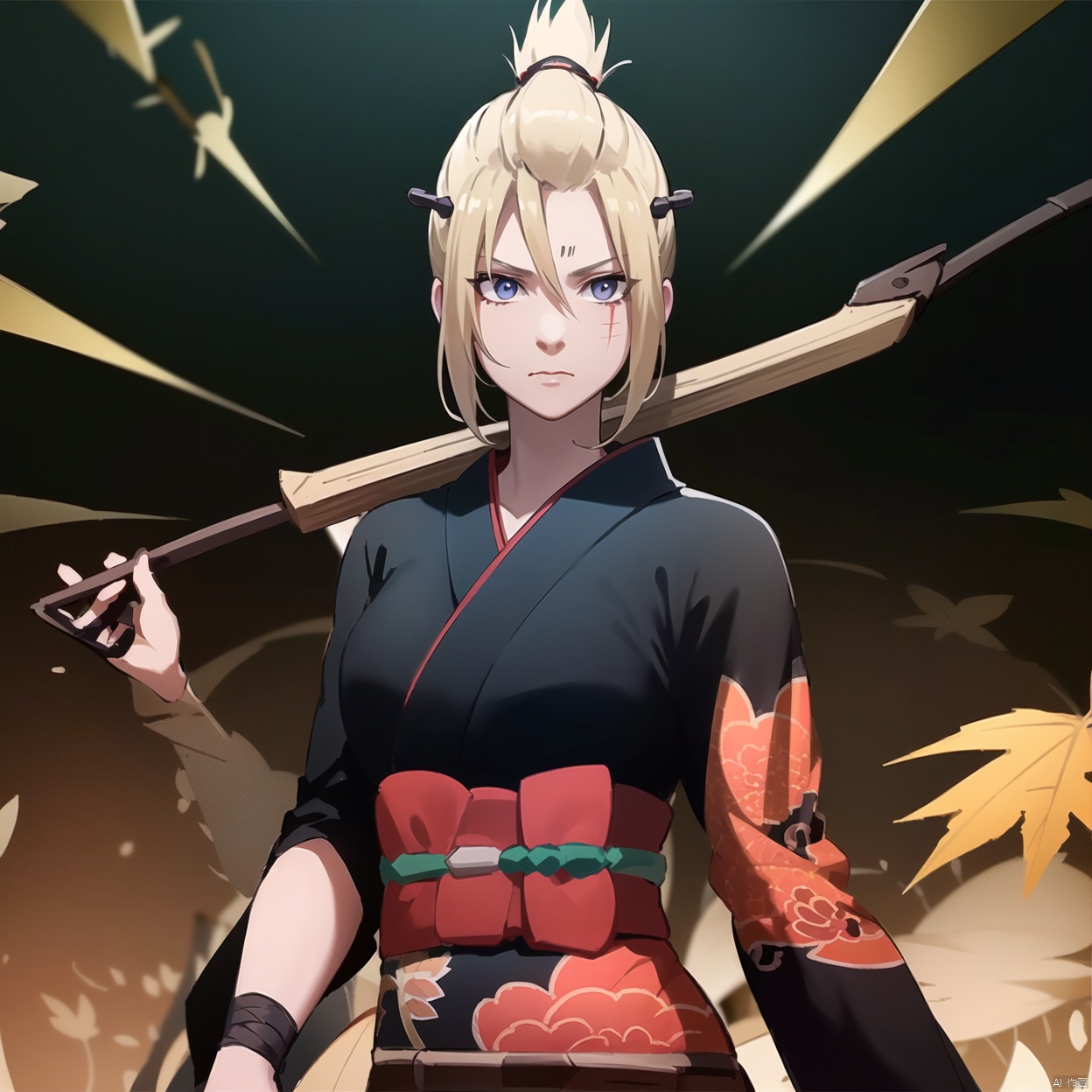 scar,Tsukuyo,ninja,kunai,kimono,japanese_clothes,hair_stick,hair_ornament,arm_wrap,autumn_leaves,blonde_hair,black_kimono, scar