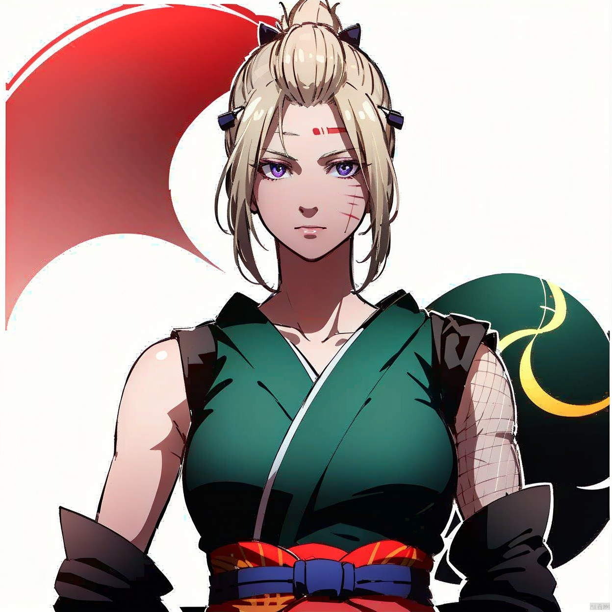 (white background:1.2),looking at viewer,(SOLO:1.4),outline,simple background,upper body, cowboy shot,looking at viewer,,outline,
(((arms at side))),
high heel boots,boots, print kimono, parted bangs, scar on forehead, wide sleeves, sleeveless kimono, scar on face, folded ponytail, kiseru, scar on cheek, red ribbon, hair ribbon, sleeveless, ponytail, detached sleeves, bare shoulders, thighhighs, fishnet legwear, sash, maple leaf, fishnets, long sleeves, purple eyes, jewelry, maple leaf pattern on kimono, hairclip, hair ornament, collarbone,scar,Tsukuyo,ninja,kunai,kimono,japanese_clothes,hair_stick,hair_ornament,arm_wrap,autumn_leaves,blonde_hair,black_kimono,1girl, blonde hair, japanese clothes, kimono, leaf, ninja, high heel boots