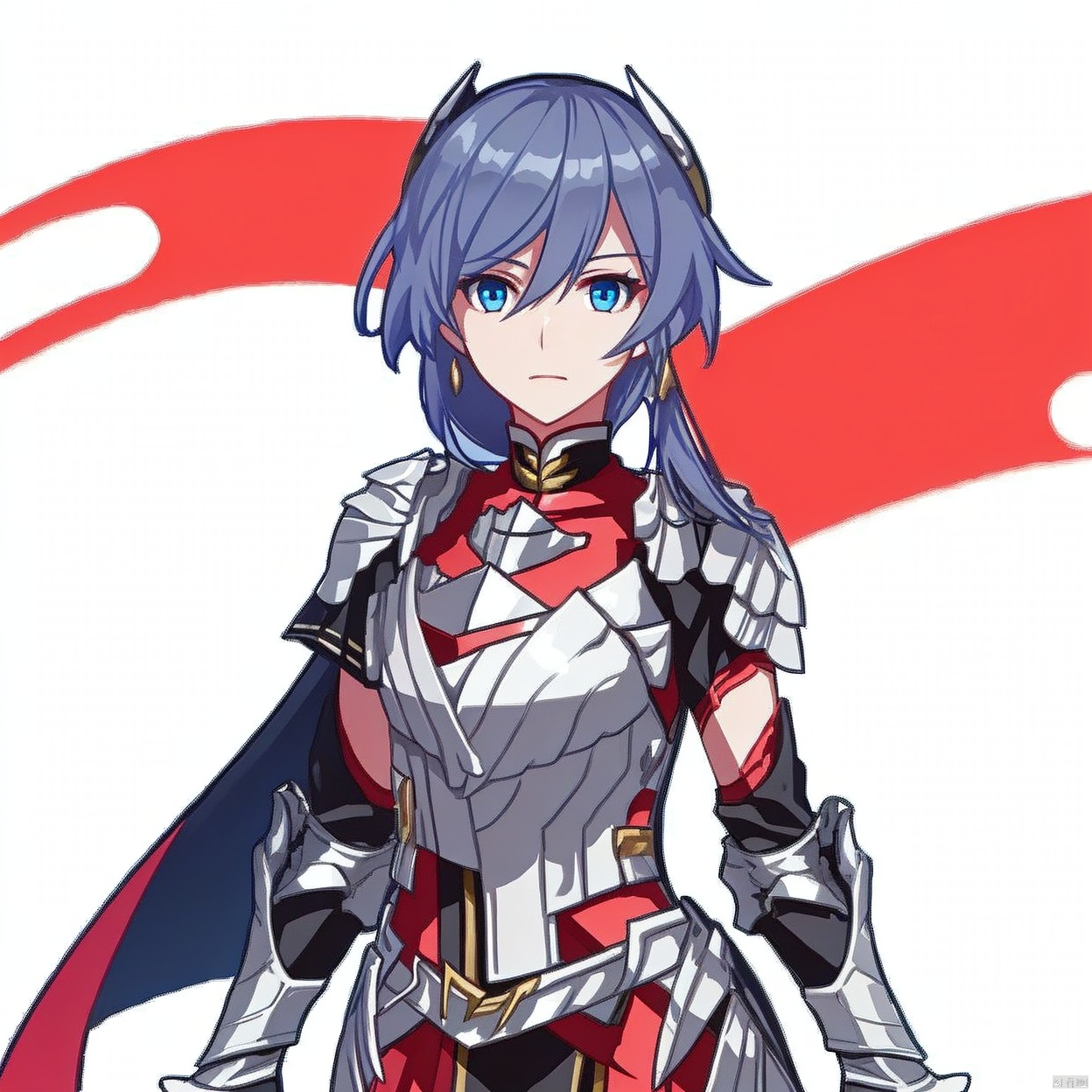 (white background:1.2),looking at viewer,(SOLO:1.4),outline,simple background,upper body, cowboy shot,looking at viewer,,outline,
(((arms at side))), pauldrons,breastplate,red cape,red skirt,blue eyes,hair_between_eyes,fu_hua,shoulder armor