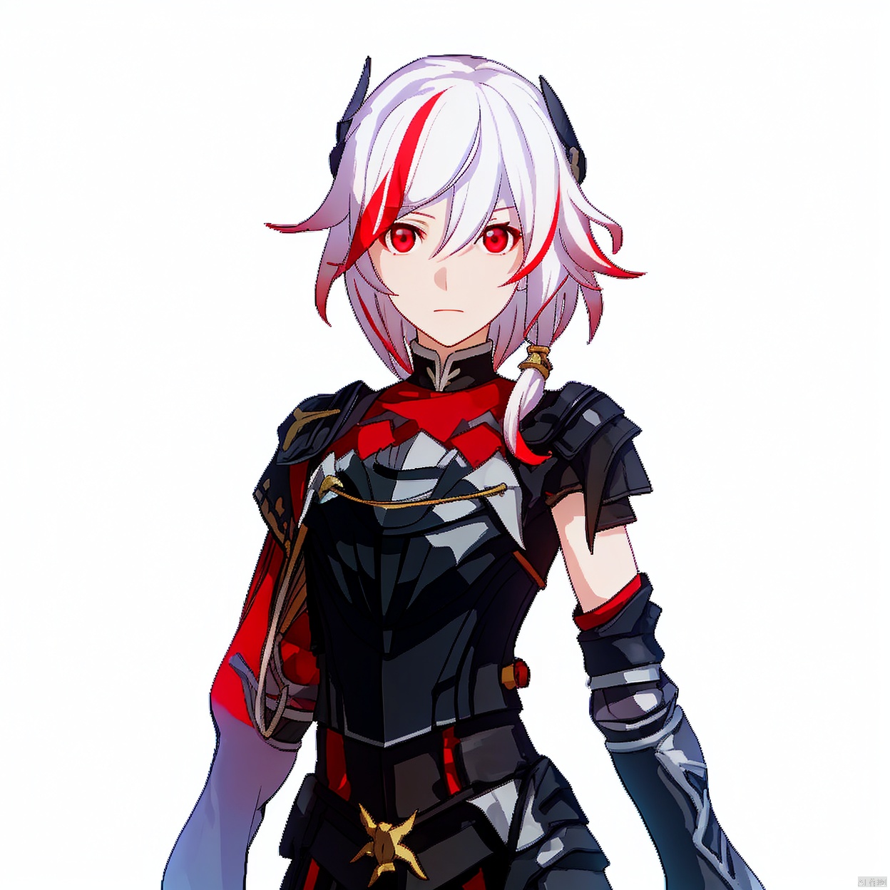 (white background:1.2),looking at viewer,(SOLO:1.4),outline,simple background,upper body, cowboy shot,looking at viewer,,outline,
(((arms at side))),pink hair,white hair,shoulder armor,hair ornament,streaked hair,red hair,multicolored hair,red eyes,fu_hua,hair_between_eyes