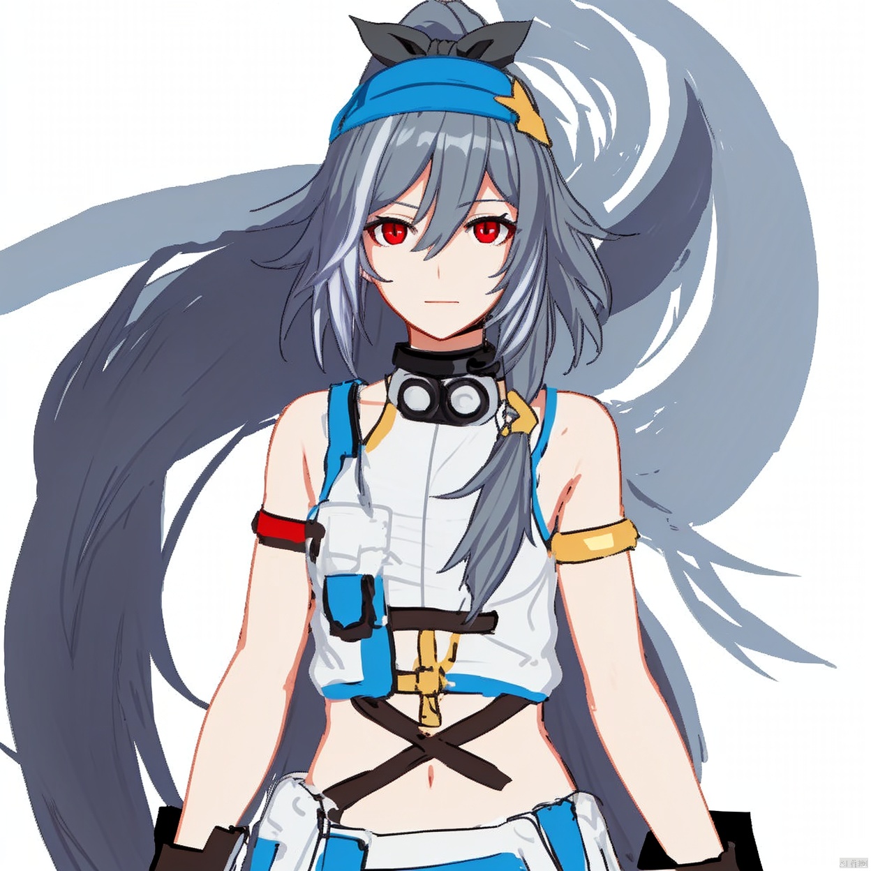 (white background:1.2),looking at viewer,(SOLO:1.4),outline,simple background,upper body, cowboy shot,looking at viewer,,outline,
(((arms at side))),red eyes,silver hair,hair ribbon,bare shoulders,hair ornament,hair between eyes,ponytail,hairband,grey hair,collar,hat