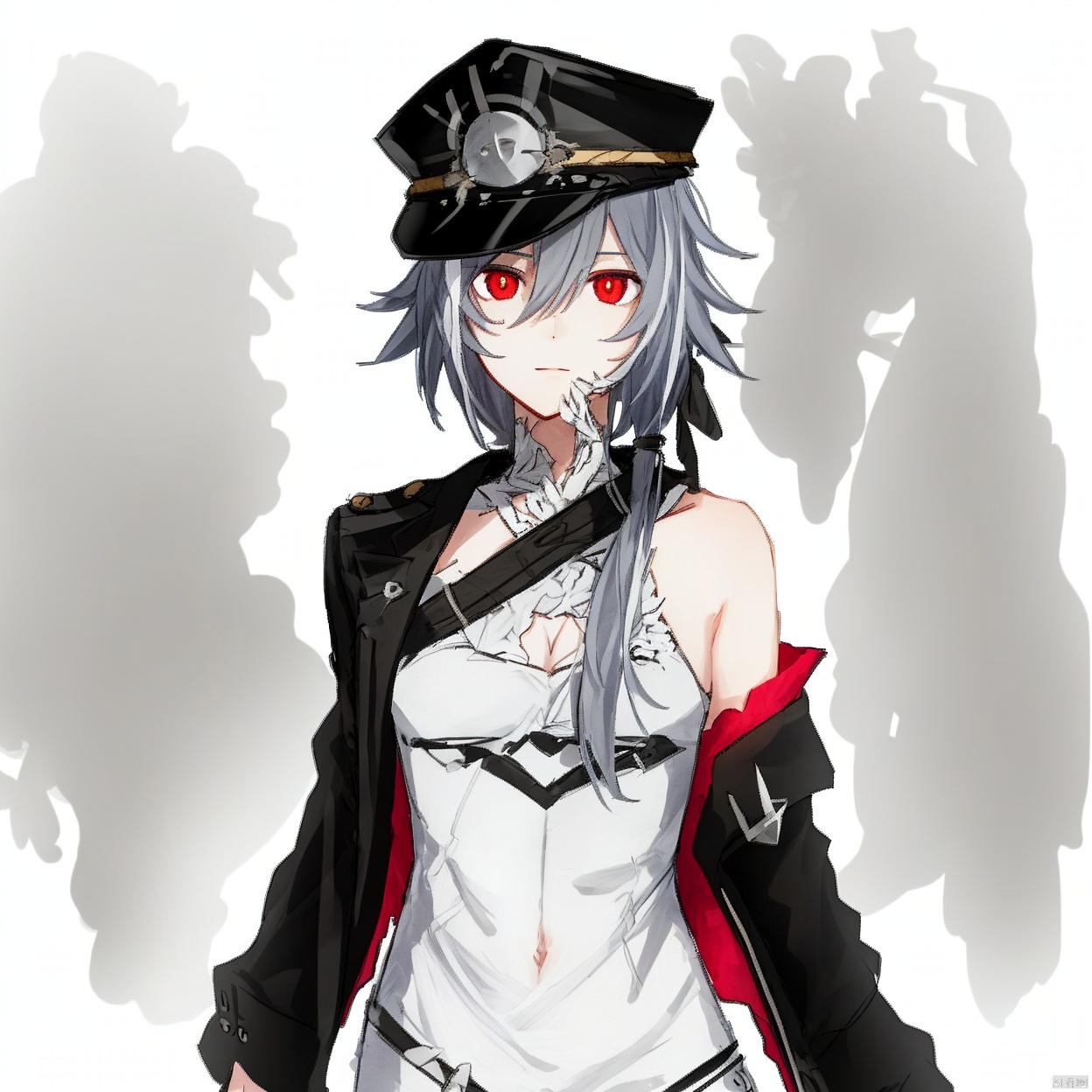 (white background:1.2),looking at viewer,(SOLO:1.4),outline,simple background,upper body, cowboy shot,looking at viewer,,outline,
(((arms at side))),off shoulder,jacket,bare shoulders,hair between eyes,peaked cap,black jacket,grey hair,military hat,military uniform,hat flower,silver hair,senti,red eyes