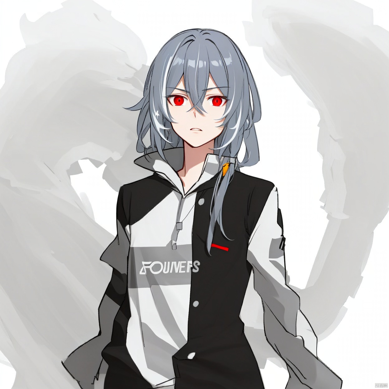 (white background:1.2),looking at viewer,(SOLO:1.4),outline,simple background,upper body, cowboy shot,looking at viewer,,outline,
(((arms at side))),red eyes,hair between eyes,jacket,shirt,grey hair,senti,white hoodie