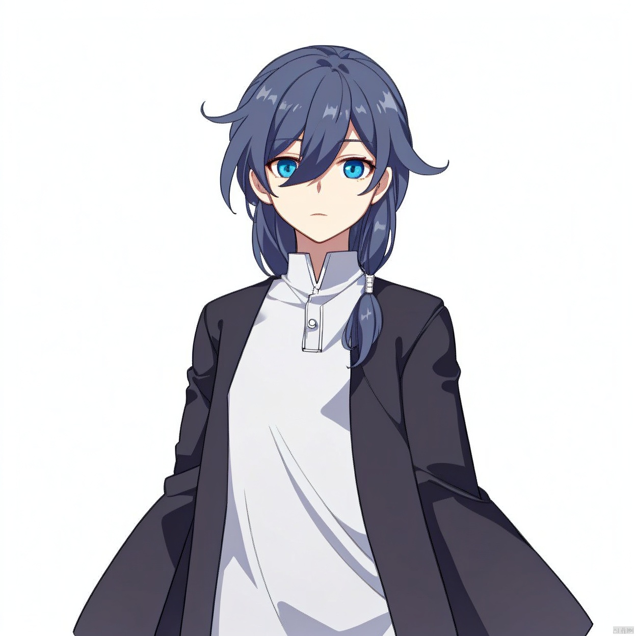 (white background:1.2),looking at viewer,(SOLO:1.4),outline,simple background,upper body, cowboy shot,looking at viewer,,outline,
(((arms at side))), long hair,(((jacket))),white shirt,blue eyes,hair between eyes,hair flaps,fu hua,collared shirt,white sailor collar,short sleeves