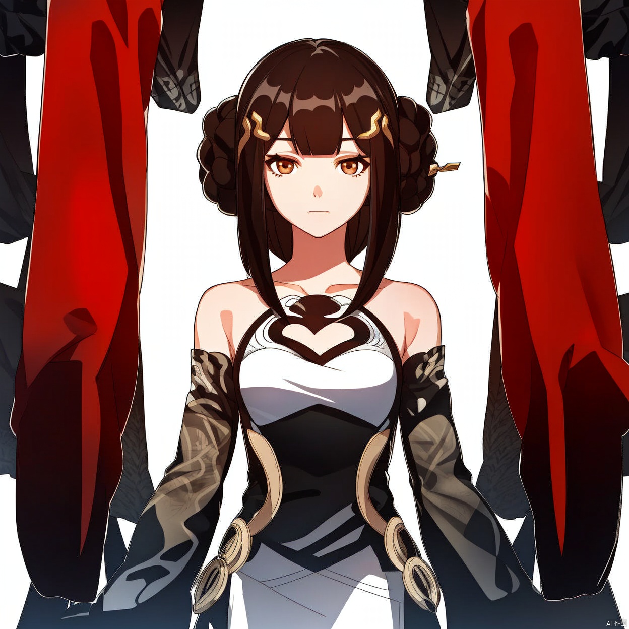 (white background:1.2),looking at viewer,(SOLO:1.4),outline,simple background,upper body, cowboy shot,looking at viewer,,outline,
(((arms at side))),hairclip, off shoulder,chinese clothes,sleeves past wrists,strapless dress,wide sleeves,mole under eye,blunt bangs,hair ornament,hair bun,brown hair,detached sleeves,long hair