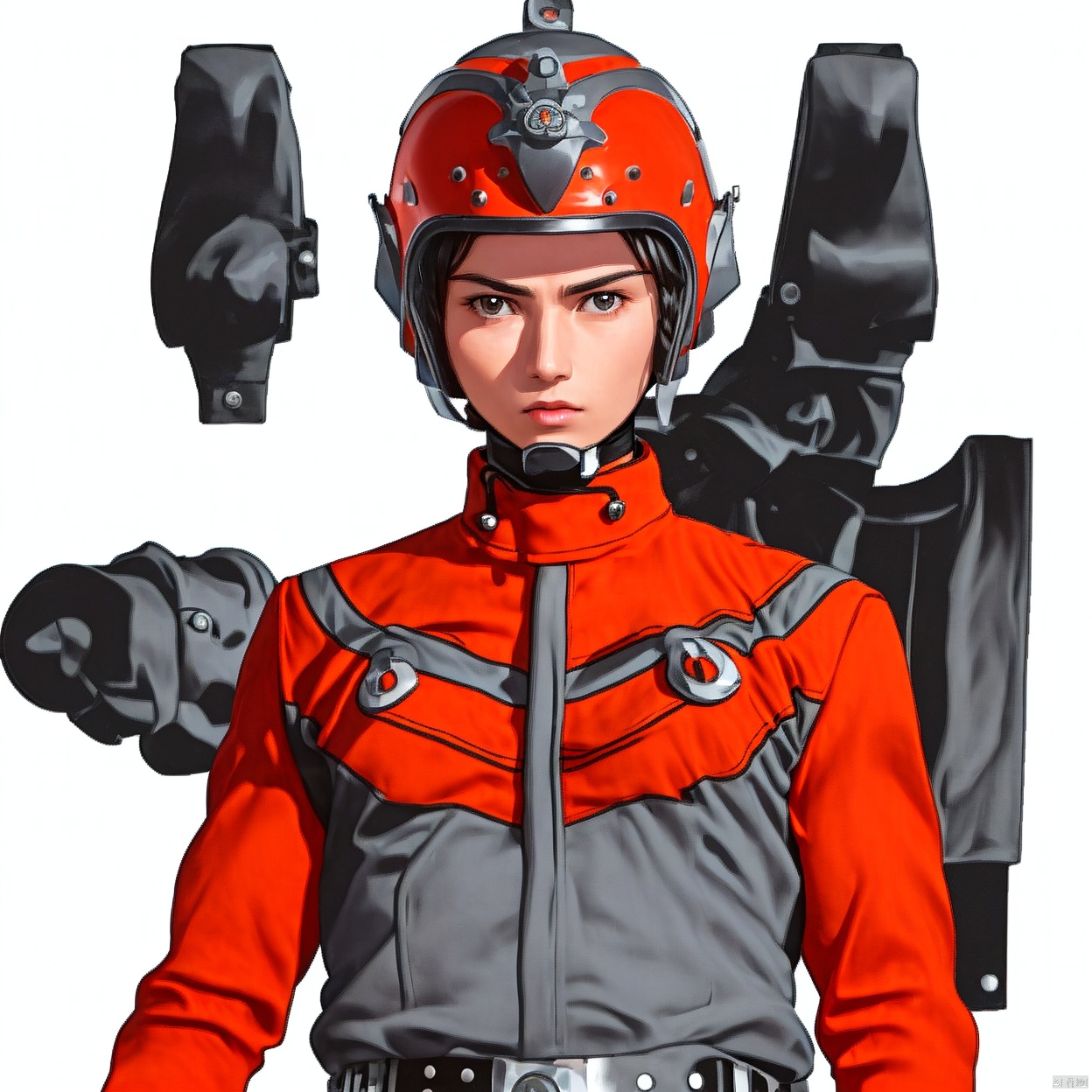 (white background:1.2),looking at viewer,(SOLO:1.4),outline,simple background,upper body, cowboy shot,looking at viewer,,outline,
(((arms at side))), 
collar, choker,belt,boots,emblem,military uniform,logo,pants,armor,uniform,bodysuit,choker,belt pouch, jacket, collar, helmet, gloves, fingerless gloves, belt, logo,, belt,tac style,orange bodysuit, black belt, orange legwear,orange jacket, black footwear