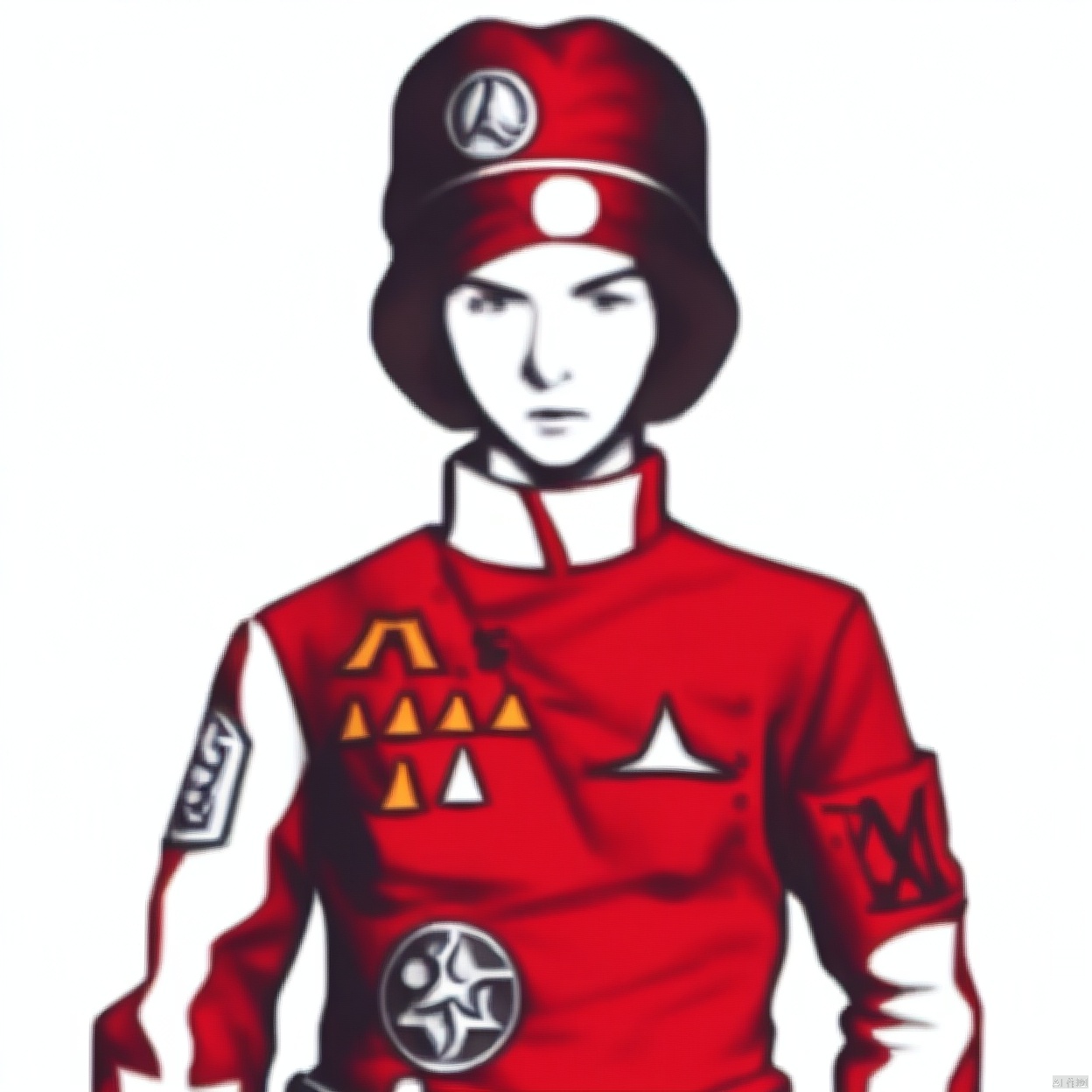 (white background:1.2),looking at viewer,(SOLO:1.4),outline,simple background,upper body, cowboy shot,looking at viewer,,outline,
(((arms at side))), 
collar, choker,belt,boots,emblem,military uniform,logo,pants,armor,uniform,bodysuit,choker,belt pouch, jacket, collar, helmet, gloves, fingerless gloves, belt, logo,, belt, 
