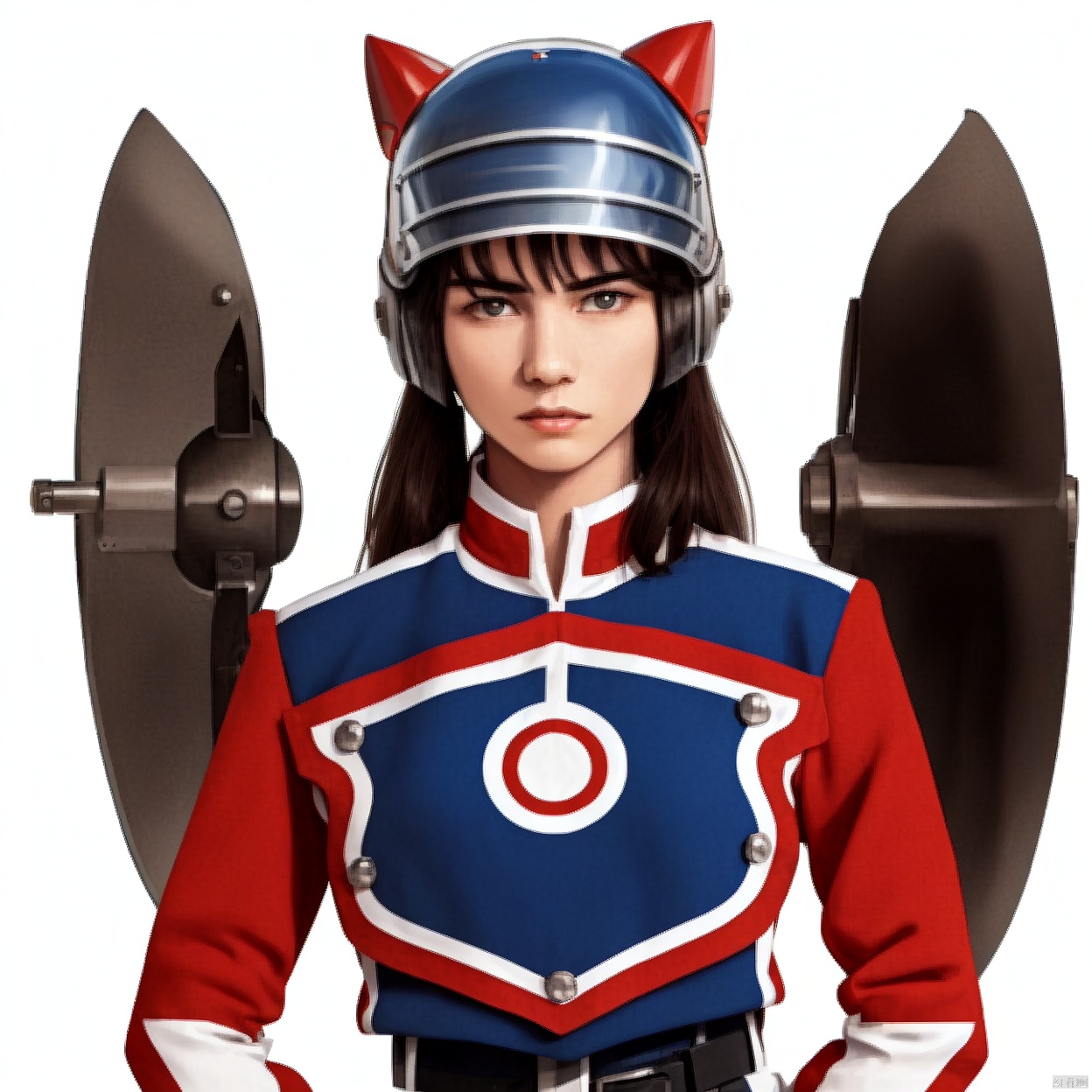 (white background:1.2),looking at viewer,(SOLO:1.4),outline,simple background,upper body, cowboy shot,looking at viewer,,outline,
(((arms at side))), 
collar, choker,belt,boots,emblem,military uniform,logo,pants,armor,uniform,bodysuit,choker,belt pouch, jacket, collar, helmet, gloves, fingerless gloves, belt, logo,, belt, 

