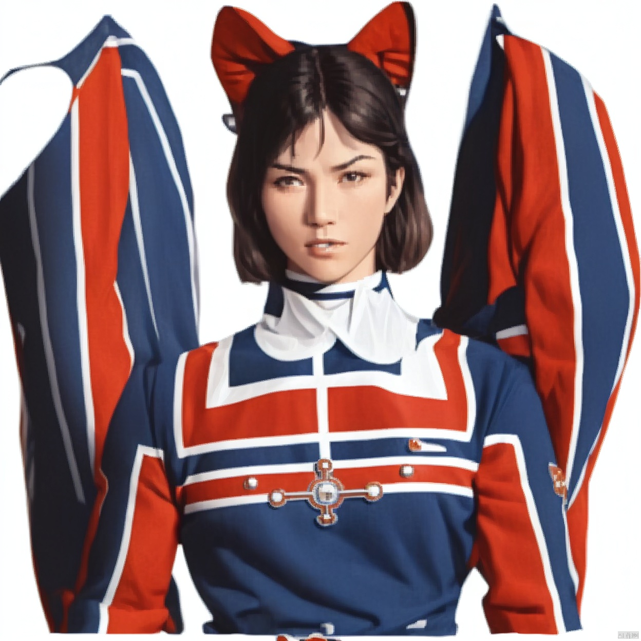 (white background:1.2),looking at viewer,(SOLO:1.4),outline,simple background,upper body, cowboy shot,looking at viewer,,outline,
(((arms at side))), 
collar, choker,belt,boots,emblem,military uniform,logo,pants,armor,uniform,bodysuit,choker,belt pouch, jacket, collar, helmet, gloves, fingerless gloves, belt, logo,, belt, 
