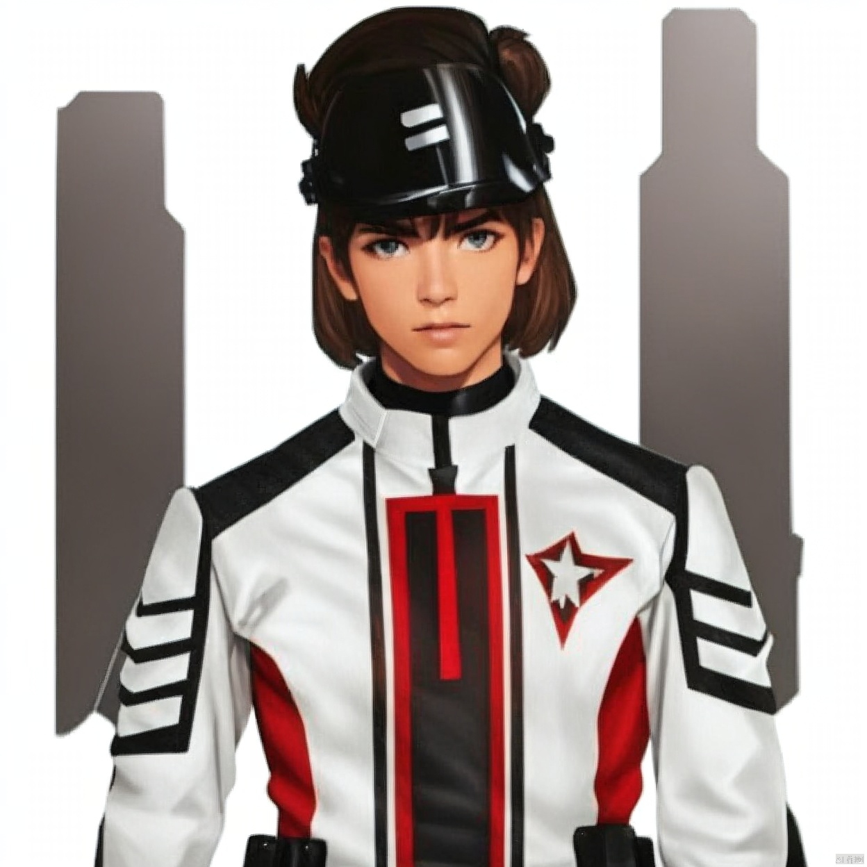 (white background:1.2),looking at viewer,(SOLO:1.4),outline,simple background,upper body, cowboy shot,looking at viewer,,outline,
(((arms at side))), 
collar, choker,belt,boots,emblem,military uniform,logo,pants,armor,uniform,bodysuit,choker,belt pouch, jacket, collar, helmet, gloves, fingerless gloves, belt, logo,, belt, 
