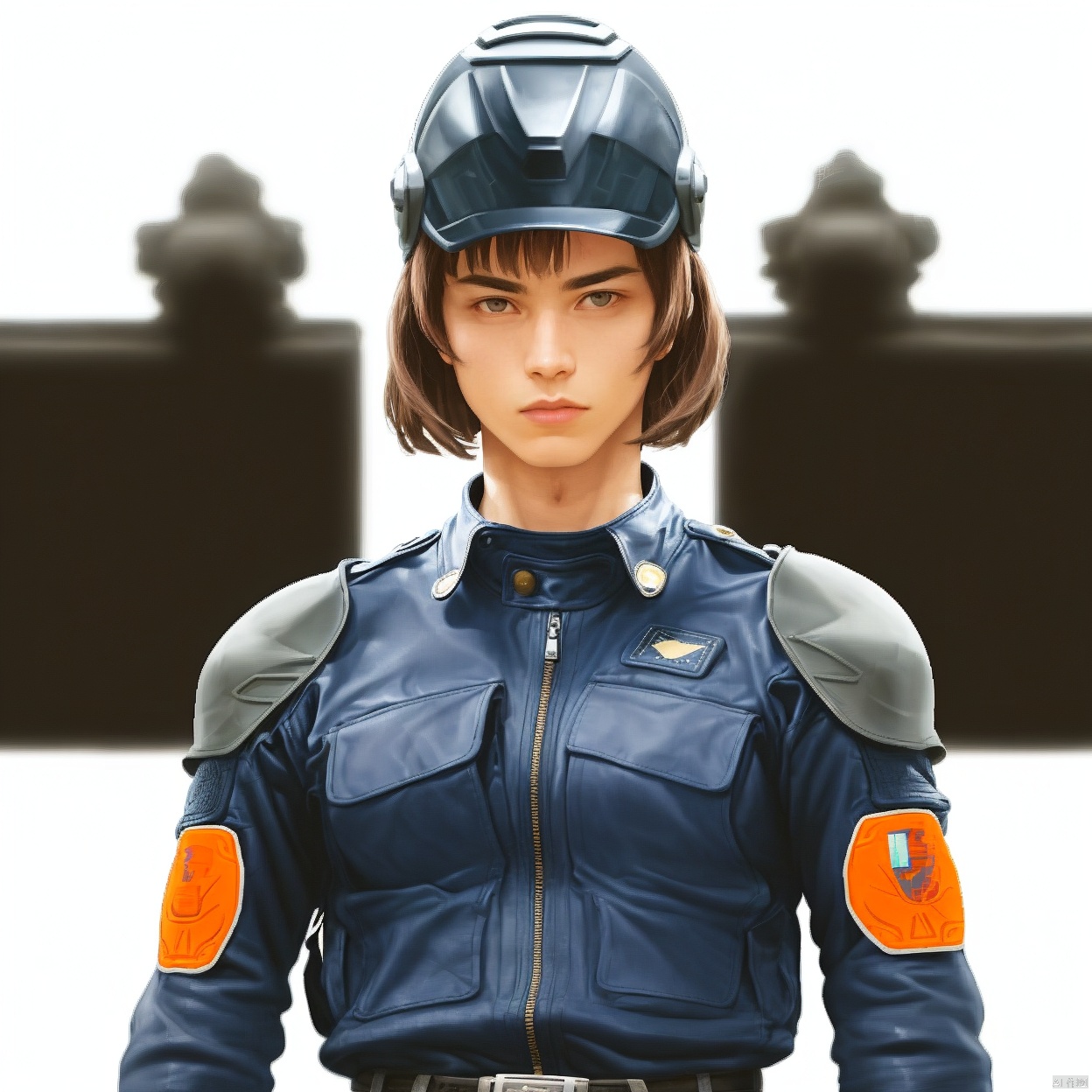(white background:1.2),looking at viewer,(SOLO:1.4),outline,simple background,upper body, cowboy shot,looking at viewer,,outline,
(((arms at side))), 
collar, choker,belt,boots,emblem,military uniform,logo,pants,armor,uniform,bodysuit,choker,belt pouch, jacket, collar, helmet, gloves, fingerless gloves, belt, logo,, belt, 

