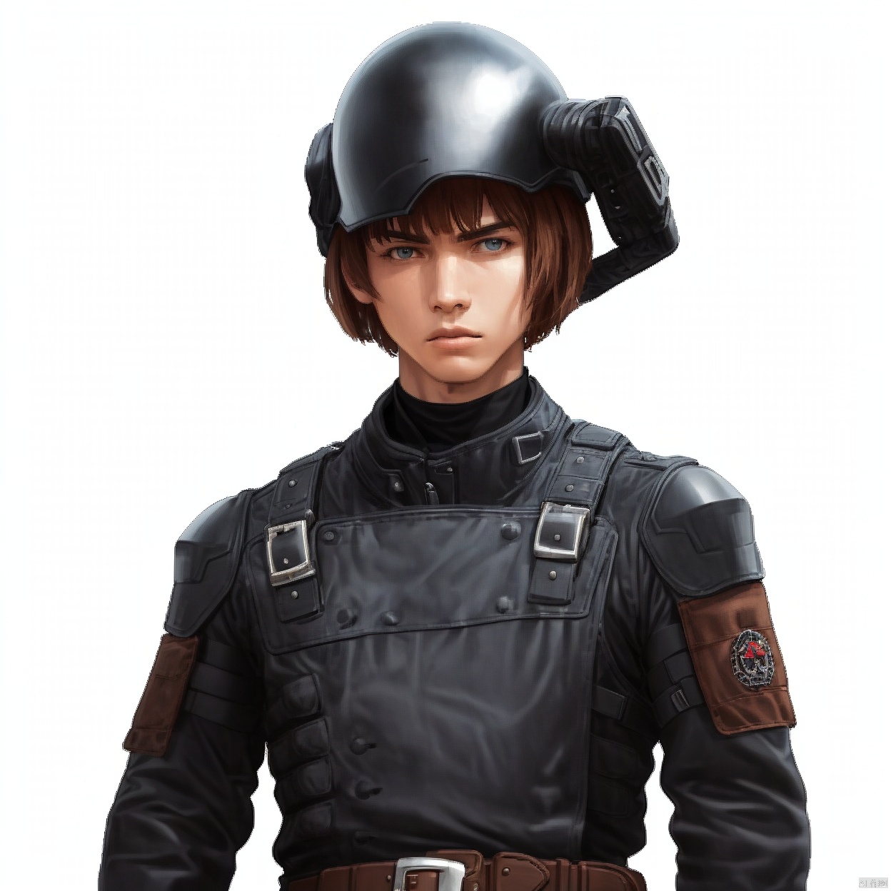 (white background:1.2),looking at viewer,(SOLO:1.4),outline,simple background,upper body, cowboy shot,looking at viewer,,outline,
(((arms at side))), 
collar, choker,belt,boots,emblem,military uniform,logo,pants,armor,uniform,bodysuit,choker,belt pouch, jacket, collar, helmet, gloves, fingerless gloves, belt, logo,, belt, 

