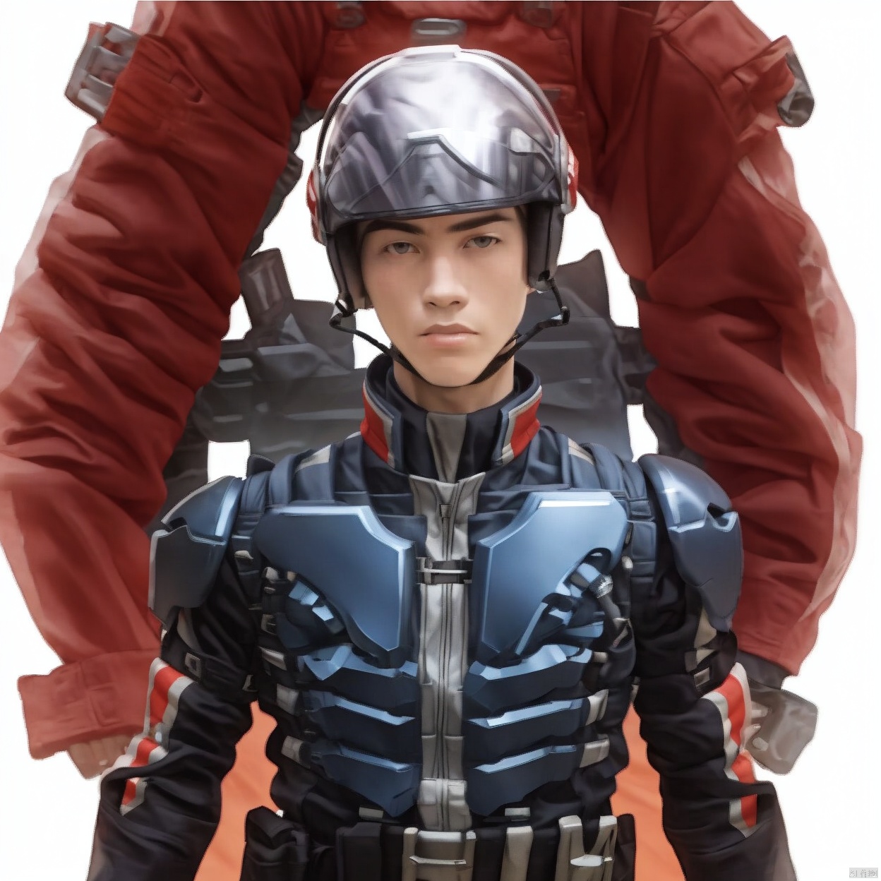 (white background:1.2),looking at viewer,(SOLO:1.4),outline,simple background,upper body, cowboy shot,looking at viewer,,outline,
(((arms at side))), 
collar, choker,belt,boots,emblem,military uniform,logo,pants,armor,uniform,bodysuit,choker,belt pouch, jacket, collar, helmet, gloves, fingerless gloves, belt, logo,1boy, belt, 
