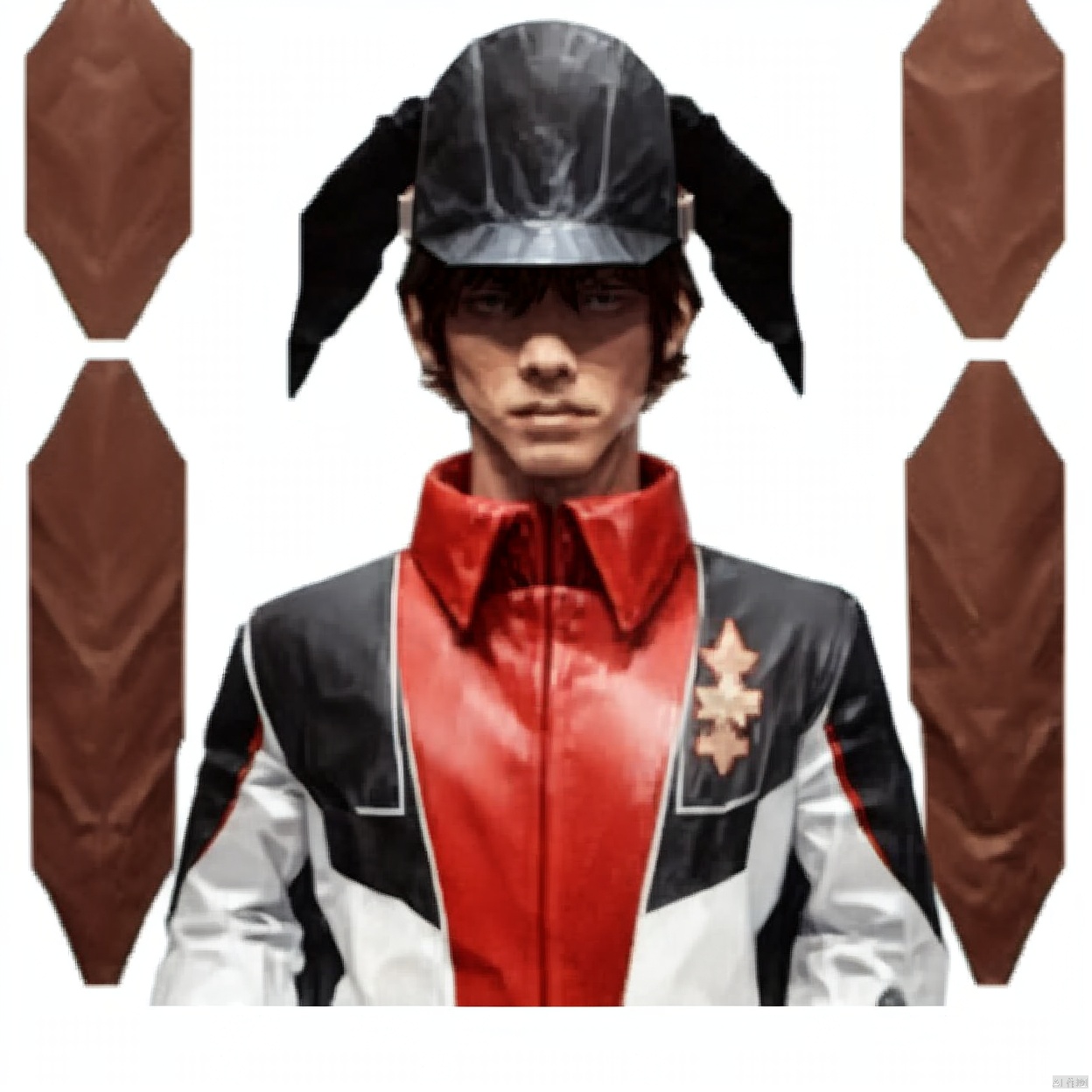 (white background:1.2),looking at viewer,(SOLO:1.4),outline,simple background,upper body, cowboy shot,looking at viewer,,outline,
(((arms at side))), 
collar, choker,belt,boots,emblem,military uniform,logo,pants,armor,uniform,bodysuit,choker,belt pouch, jacket, collar, helmet, gloves, fingerless gloves, belt, logo,1boy, belt, 
