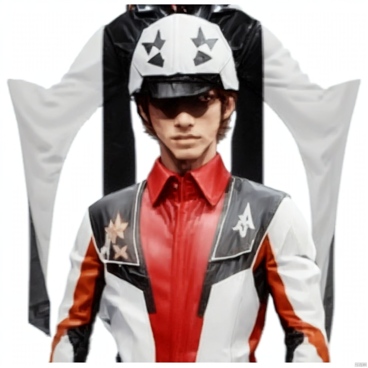 (white background:1.2),looking at viewer,(SOLO:1.4),outline,simple background,upper body, cowboy shot,looking at viewer,,outline,
(((arms at side))), 
collar, choker,belt,boots,emblem,military uniform,logo,pants,armor,uniform,bodysuit,choker,belt pouch, jacket, collar, helmet, gloves, fingerless gloves, belt, logo,1boy, belt, 
