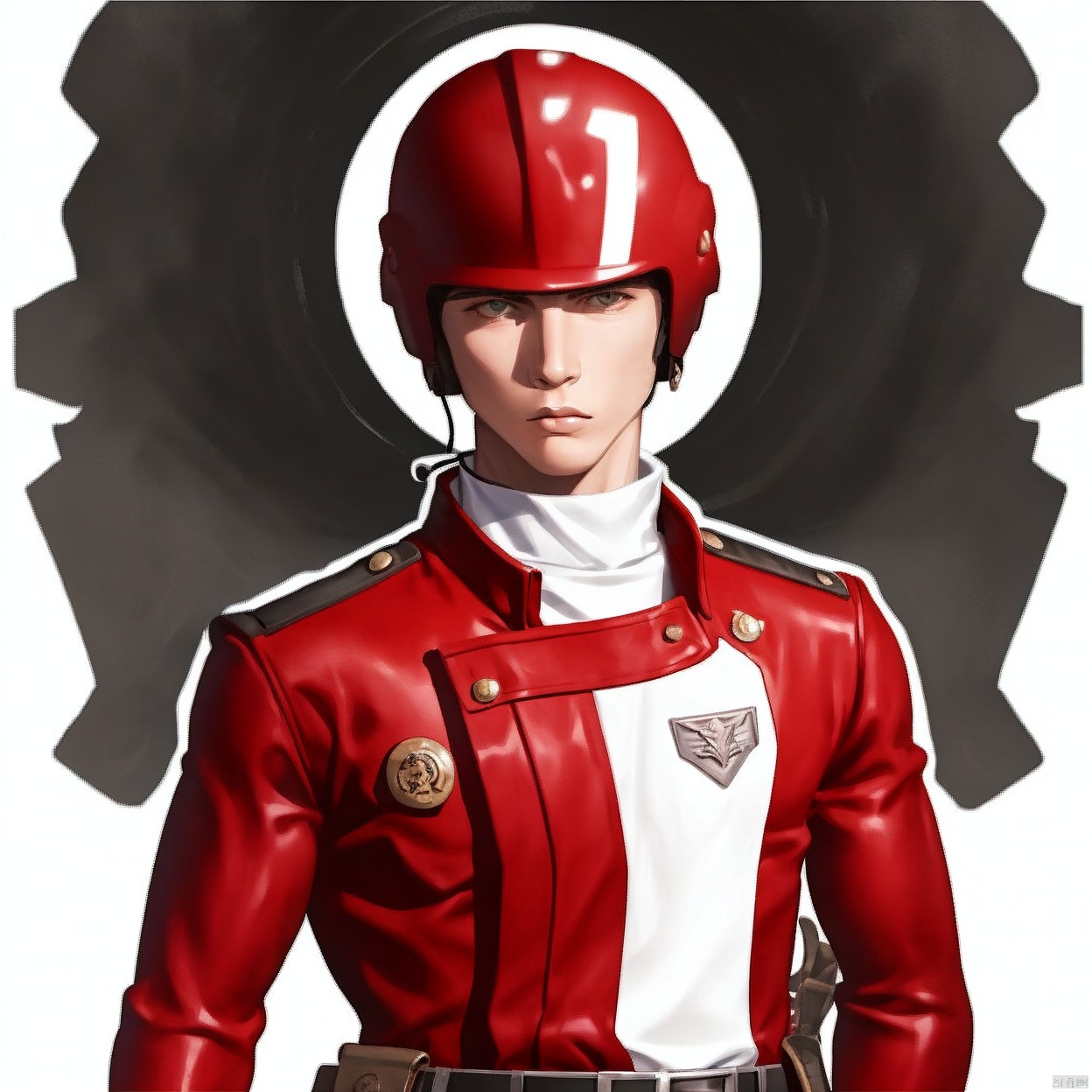 (white background:1.2),looking at viewer,(SOLO:1.4),outline,simple background,upper body, cowboy shot,looking at viewer,,outline,
(((arms at side))), 
collar, choker,belt,boots,emblem,military uniform,logo,pants,armor,uniform,bodysuit,choker,belt pouch, jacket, collar, helmet, gloves, fingerless gloves, belt, logo,1boy, belt, red jacket
