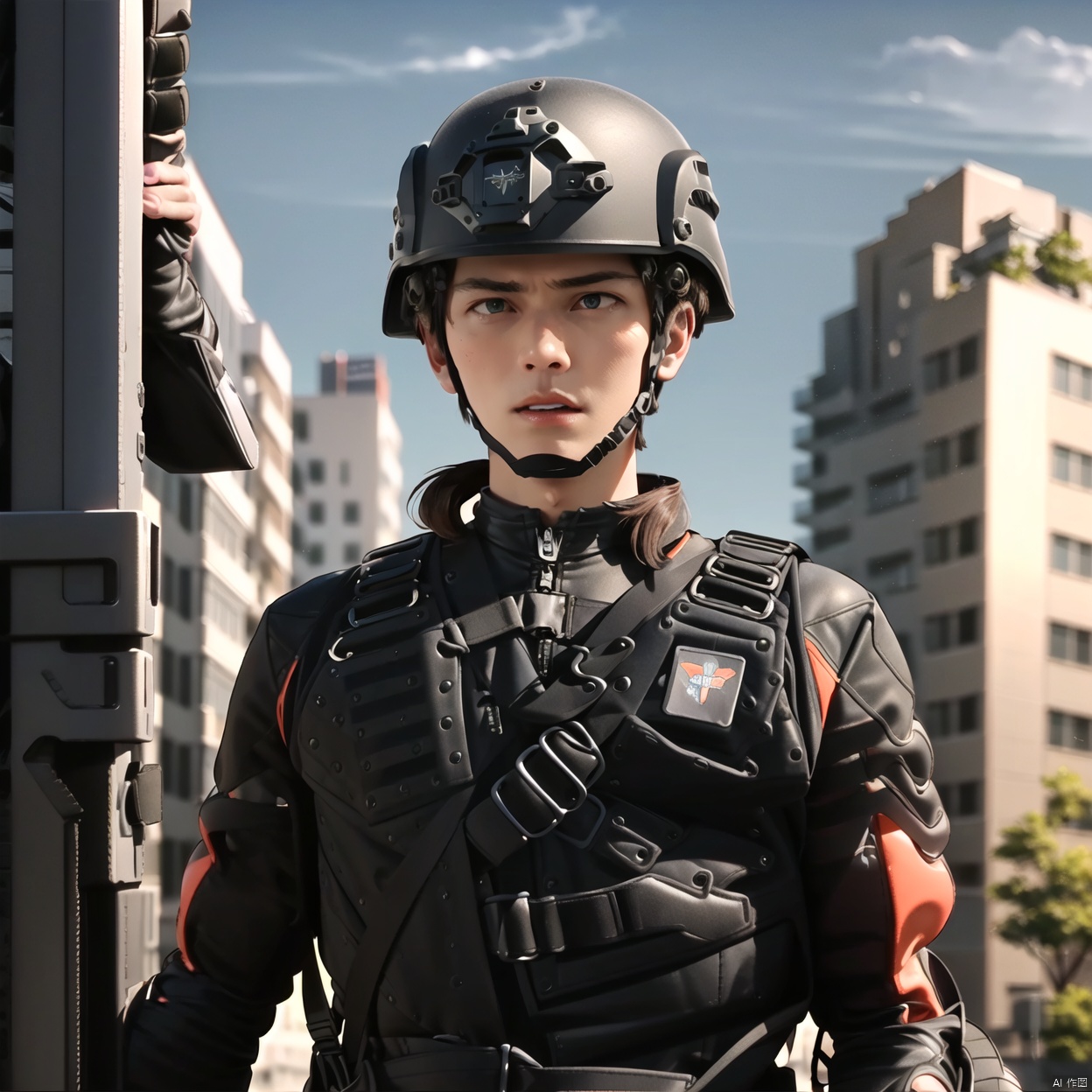 collar,choker,belt,military uniform,logo,armor,uniform,jacket,helmet,fingerless gloves,gloves,boots,emblem,pants,bodysuit,belt pouch,armband,military,